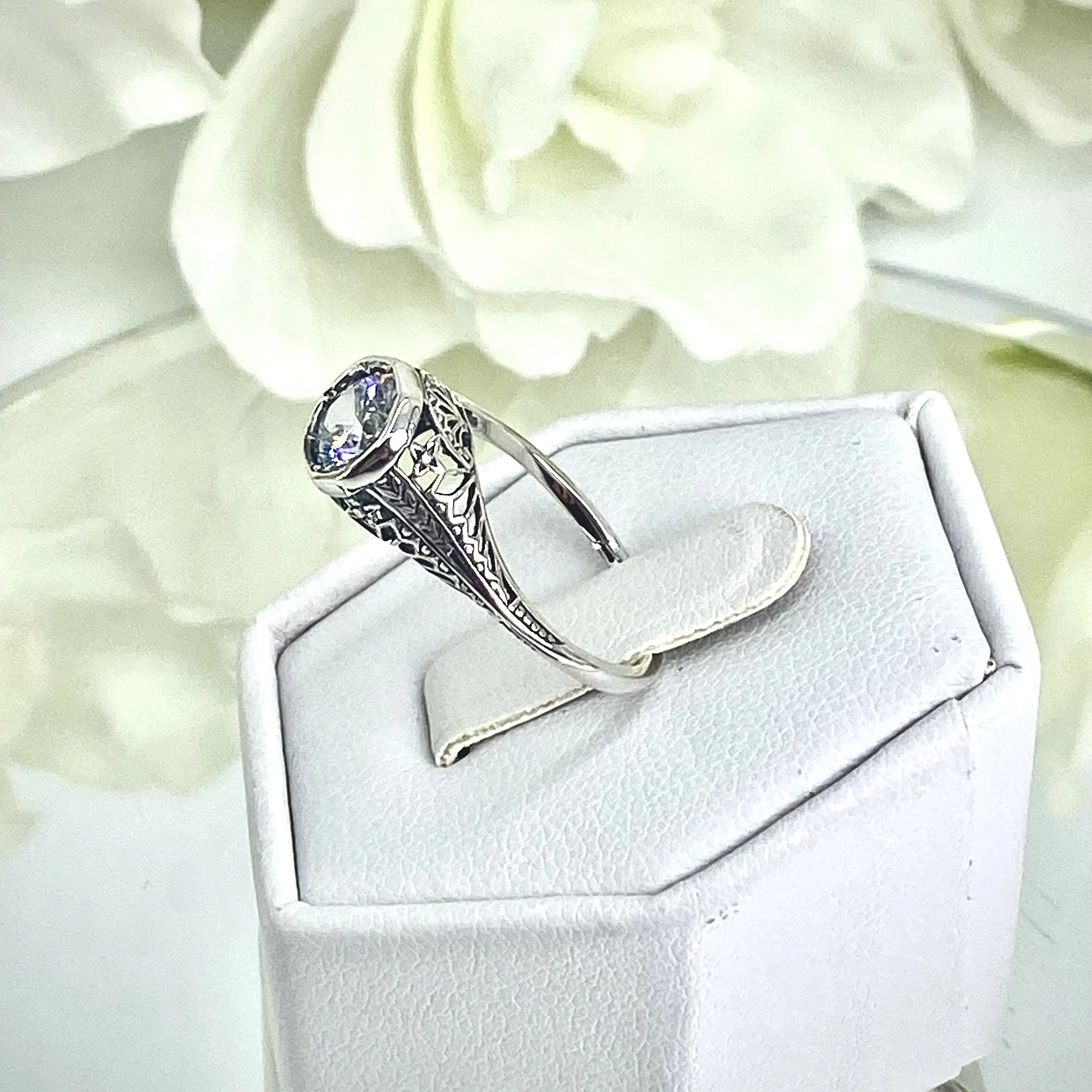 White CZ Dandelion Ring, Size 6, Sterling Silver Filigree Victorian Jewelry #D205 - Ready to Ship