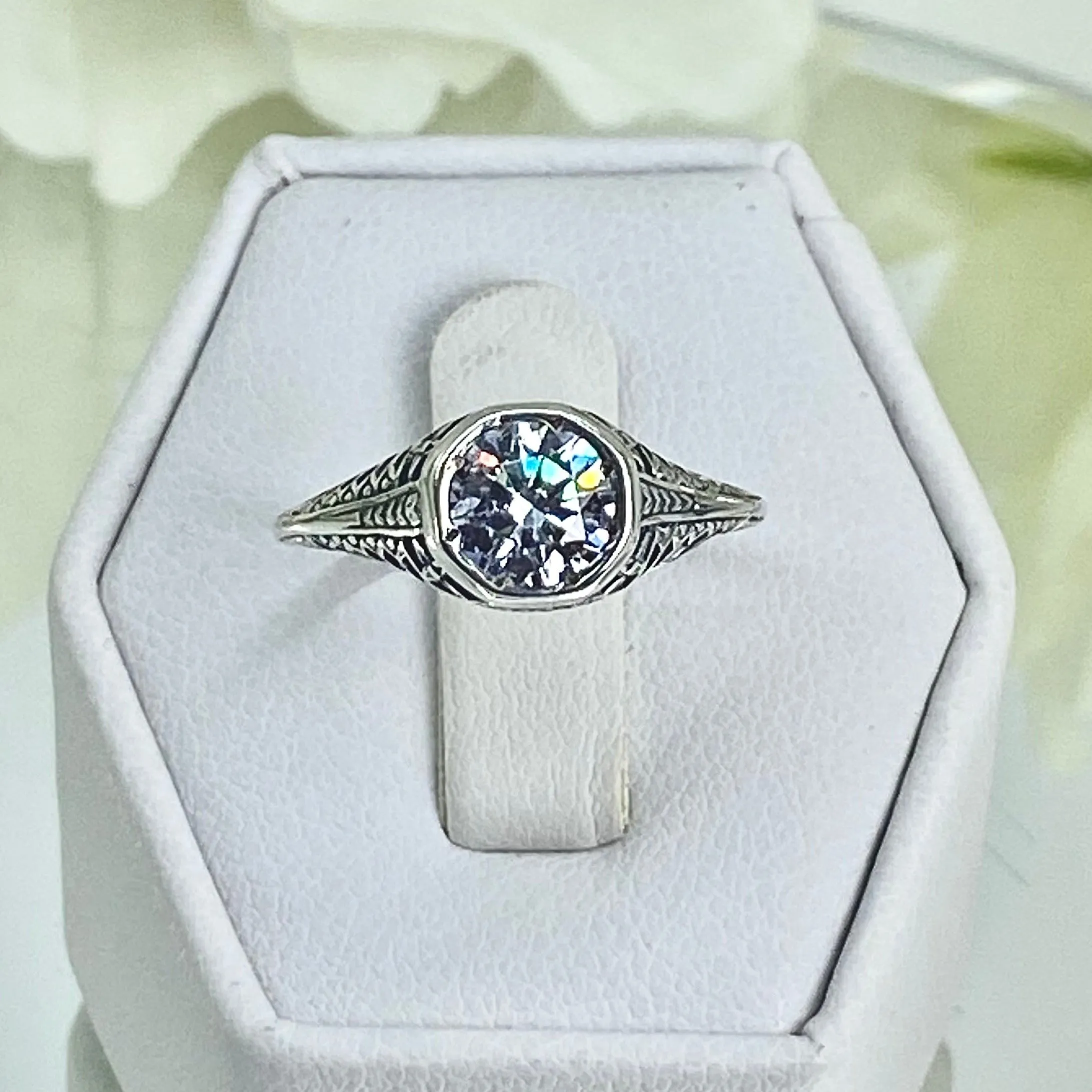 White CZ Dandelion Ring, Size 6, Sterling Silver Filigree Victorian Jewelry #D205 - Ready to Ship