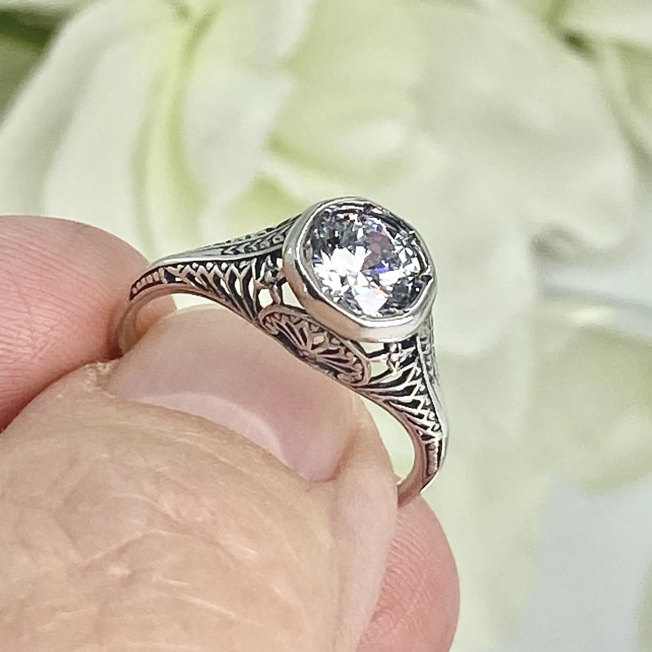 White CZ Dandelion Ring, Size 6, Sterling Silver Filigree Victorian Jewelry #D205 - Ready to Ship