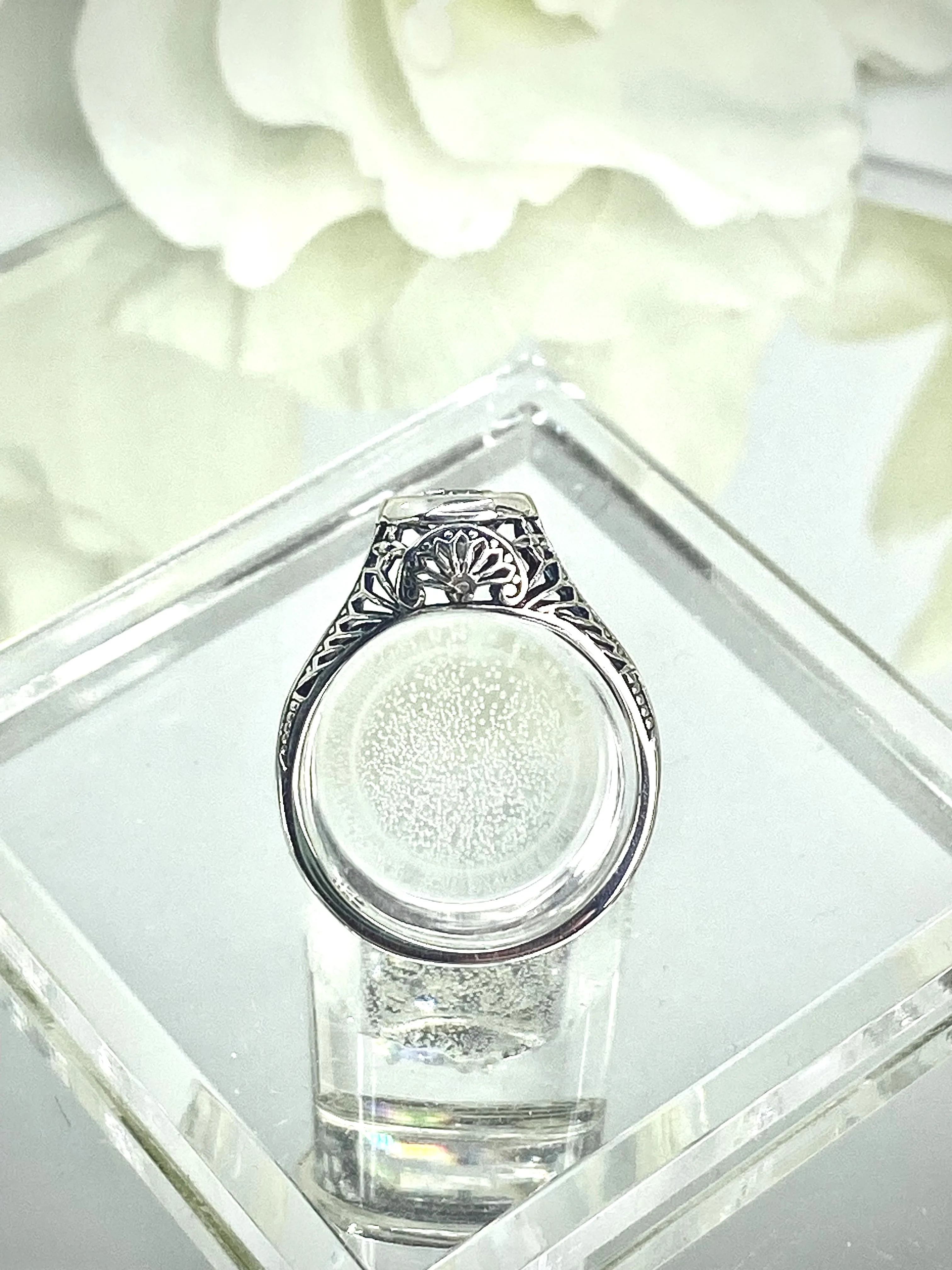 White CZ Dandelion Ring, Sterling Silver Filigree Victorian Jewelry #D205