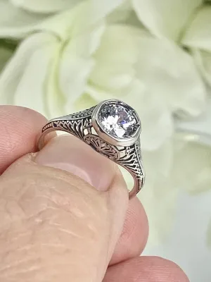 White CZ Dandelion Ring, Sterling Silver Filigree Victorian Jewelry #D205