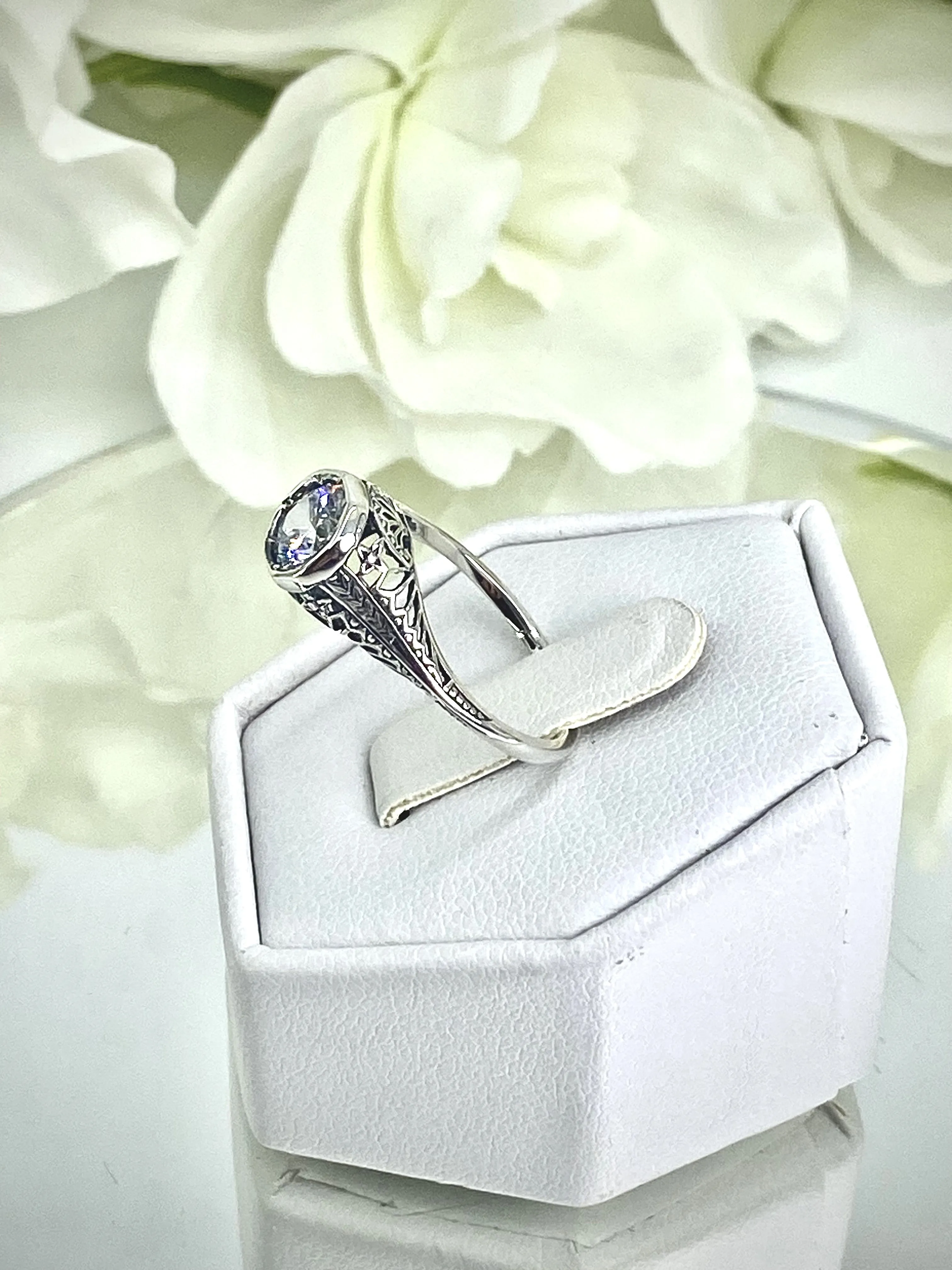 White CZ Dandelion Ring, Sterling Silver Filigree Victorian Jewelry #D205
