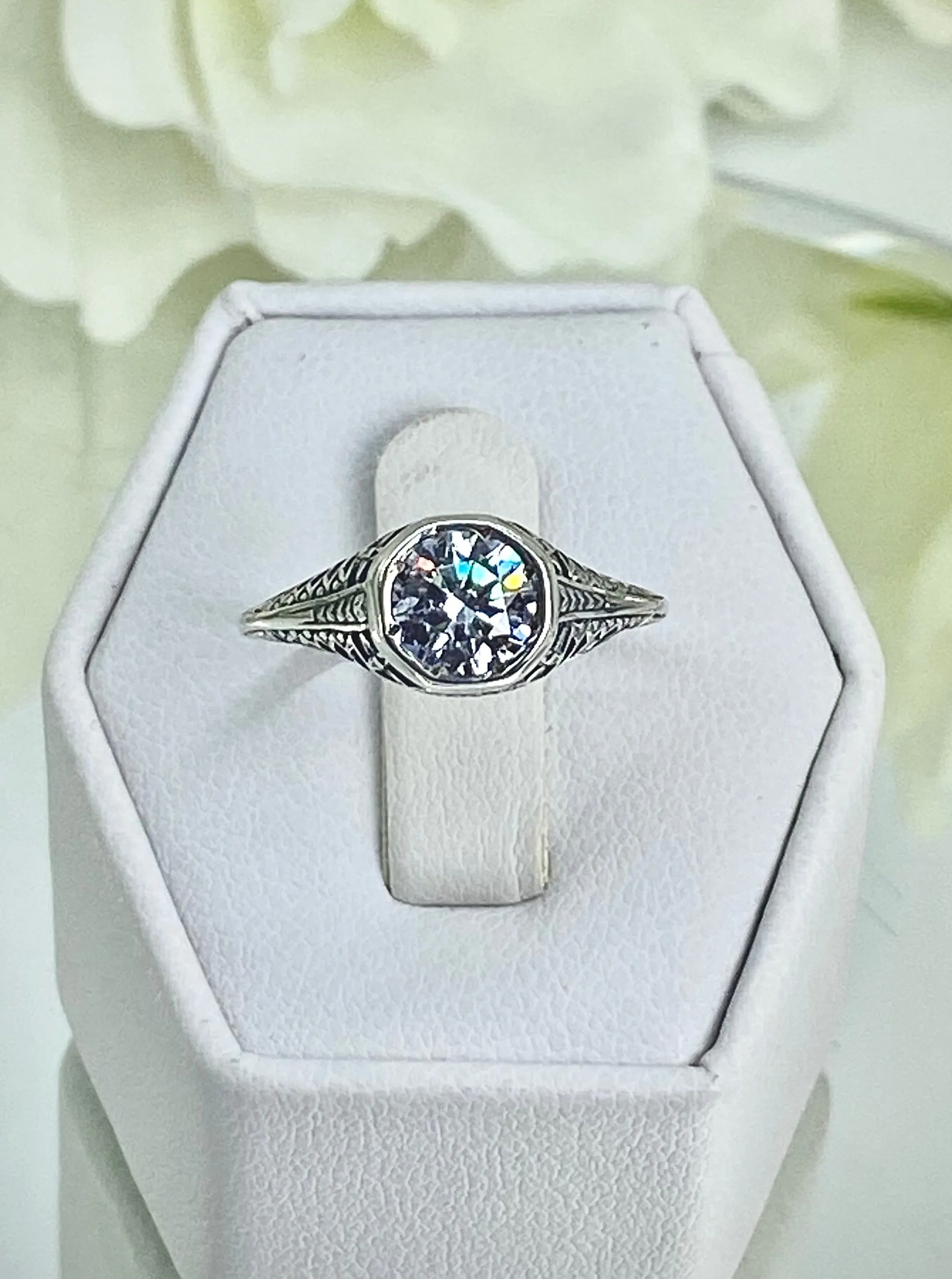 White CZ Dandelion Ring, Sterling Silver Filigree Victorian Jewelry #D205