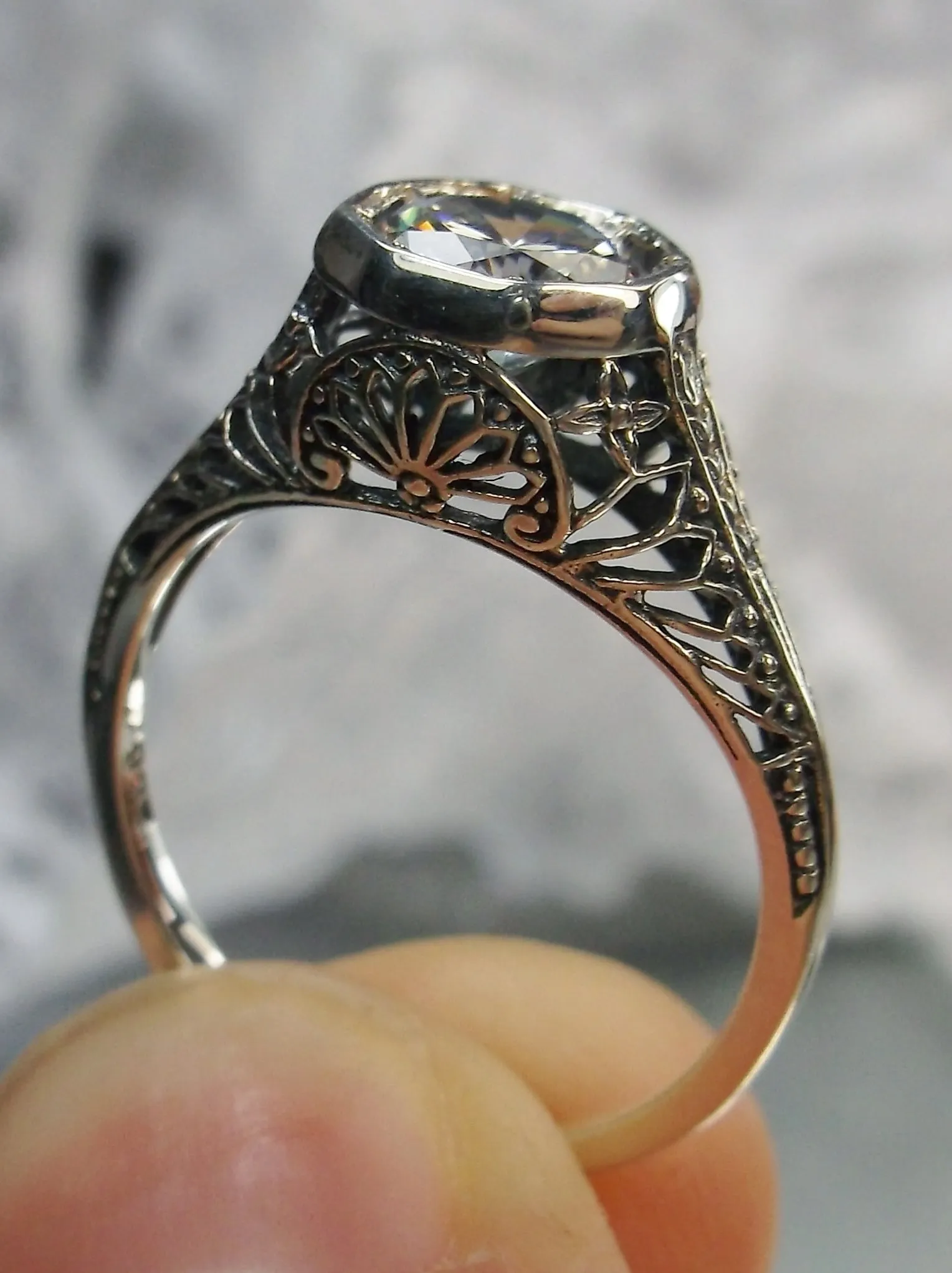 White CZ Dandelion Ring, Sterling Silver Filigree Victorian Jewelry #D205