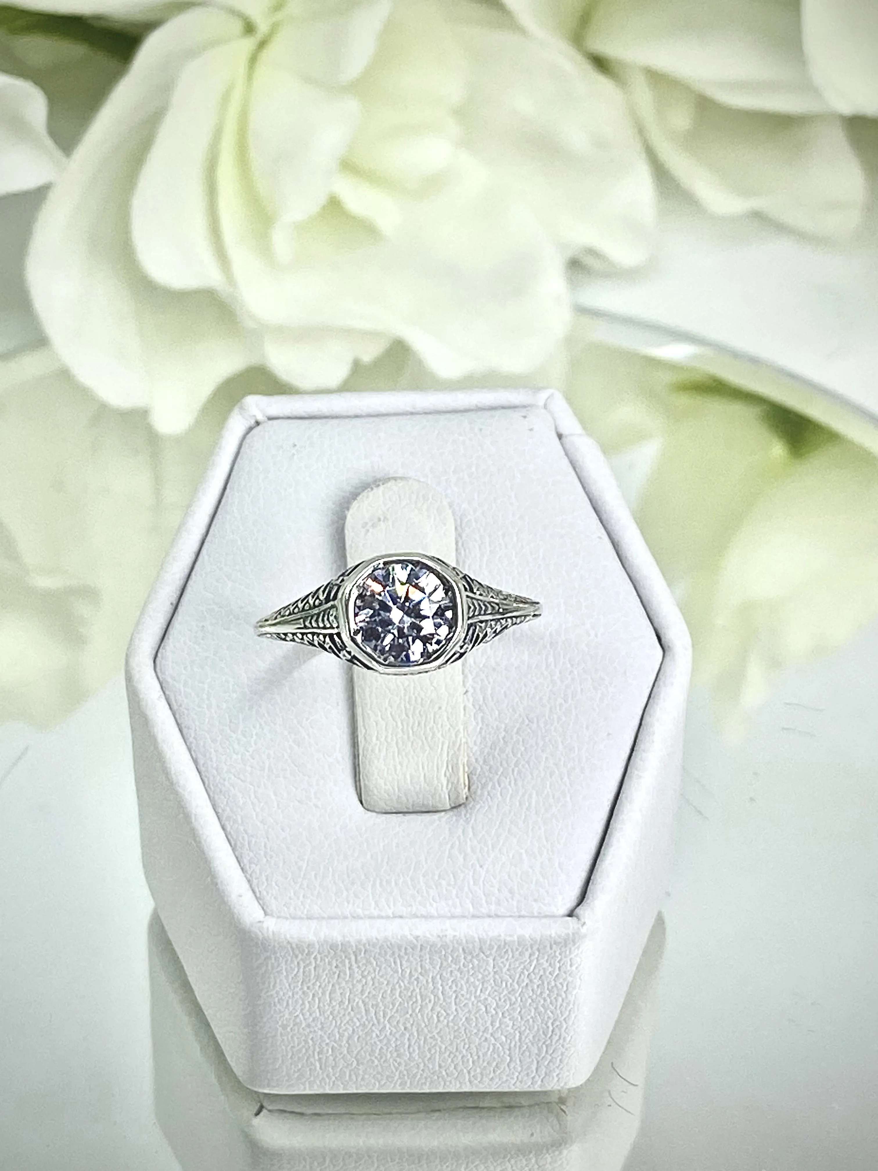 White CZ Dandelion Ring, Sterling Silver Filigree Victorian Jewelry #D205