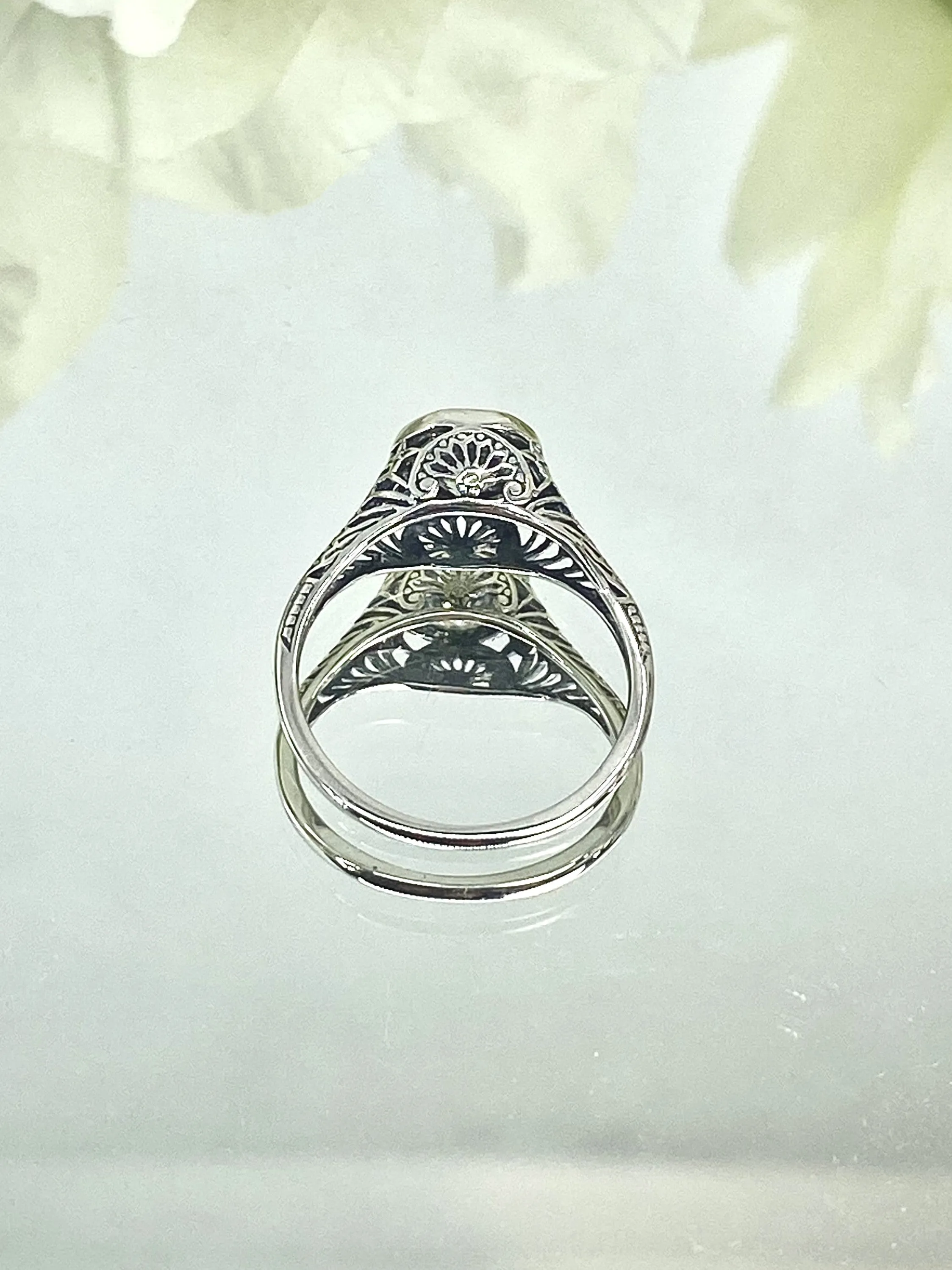 White CZ Dandelion Ring, Sterling Silver Filigree Victorian Jewelry #D205