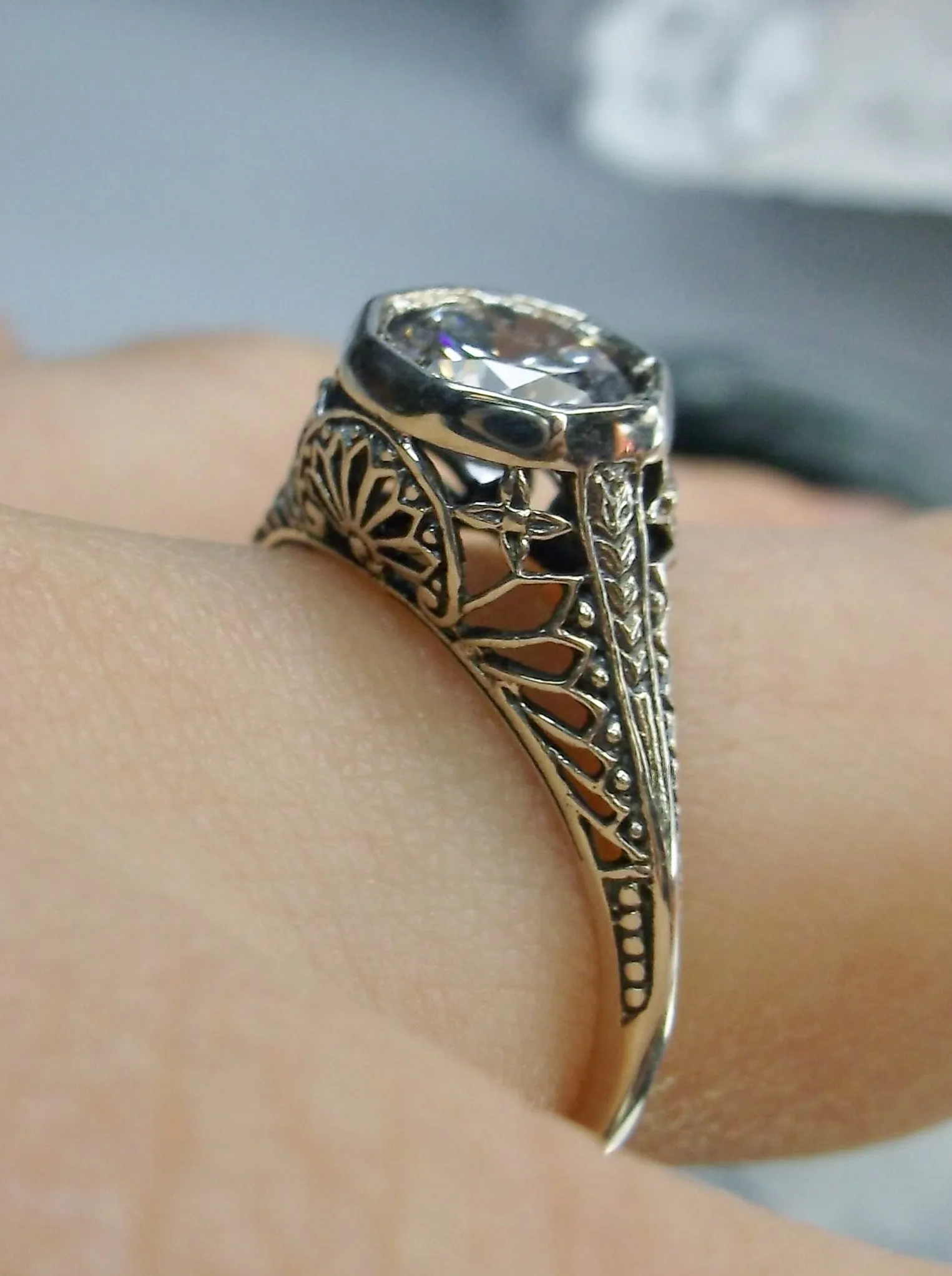 White CZ Dandelion Ring, Sterling Silver Filigree Victorian Jewelry #D205