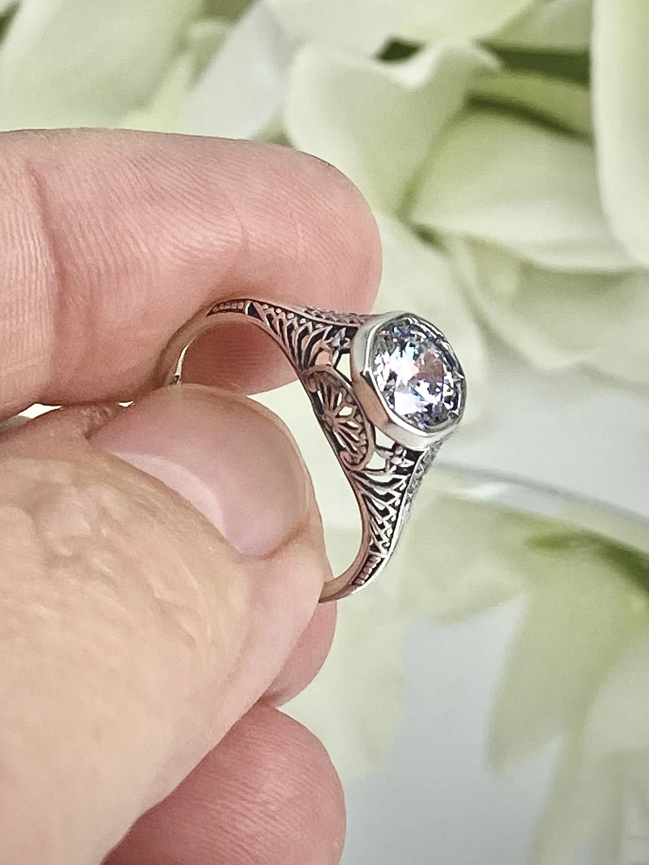 White CZ Dandelion Ring, Sterling Silver Filigree Victorian Jewelry #D205