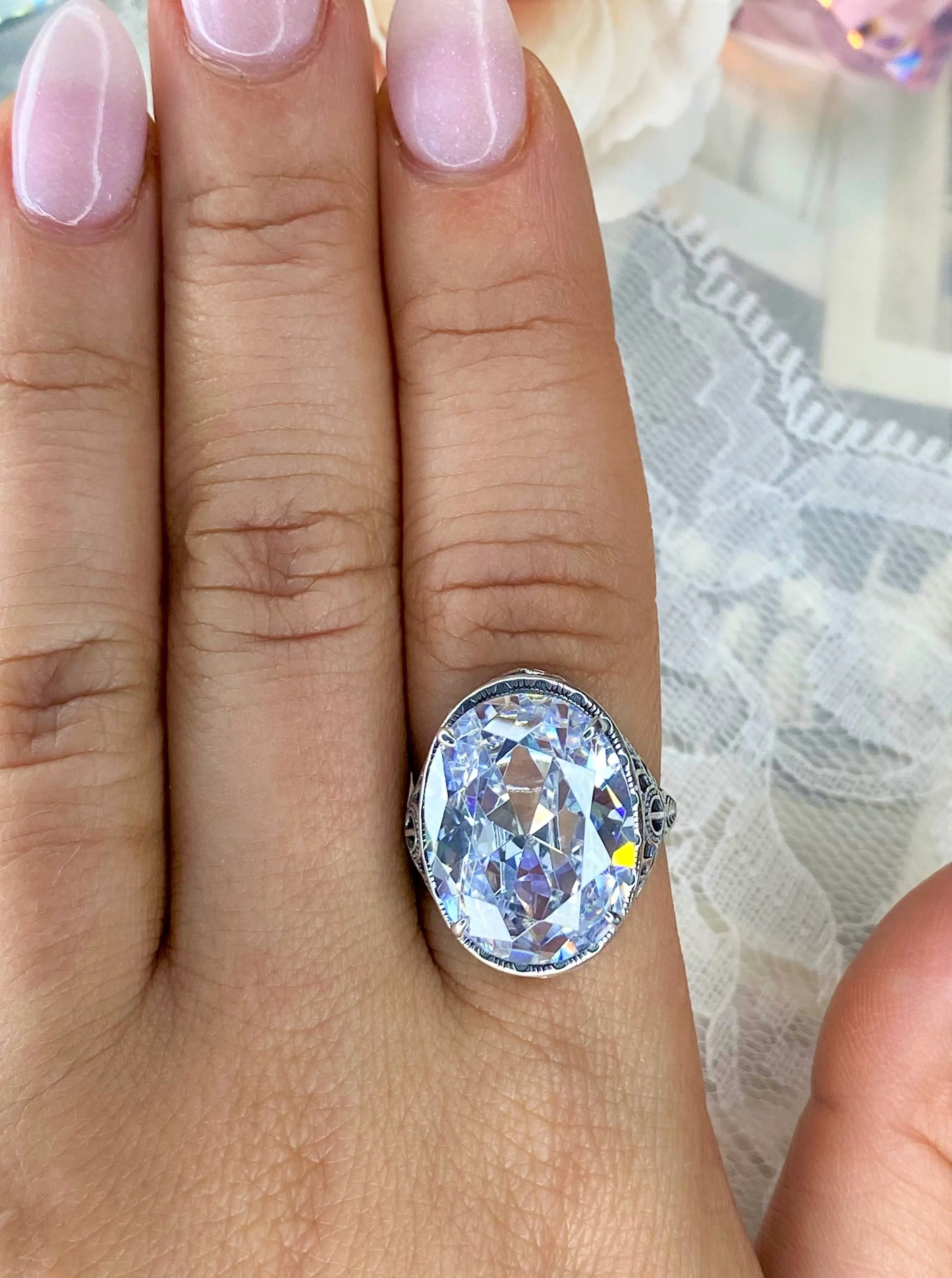 White CZ Persian Ring, Size 8.5, Art Deco Vintage Revival Jewelry #D230 - Ready to Ship
