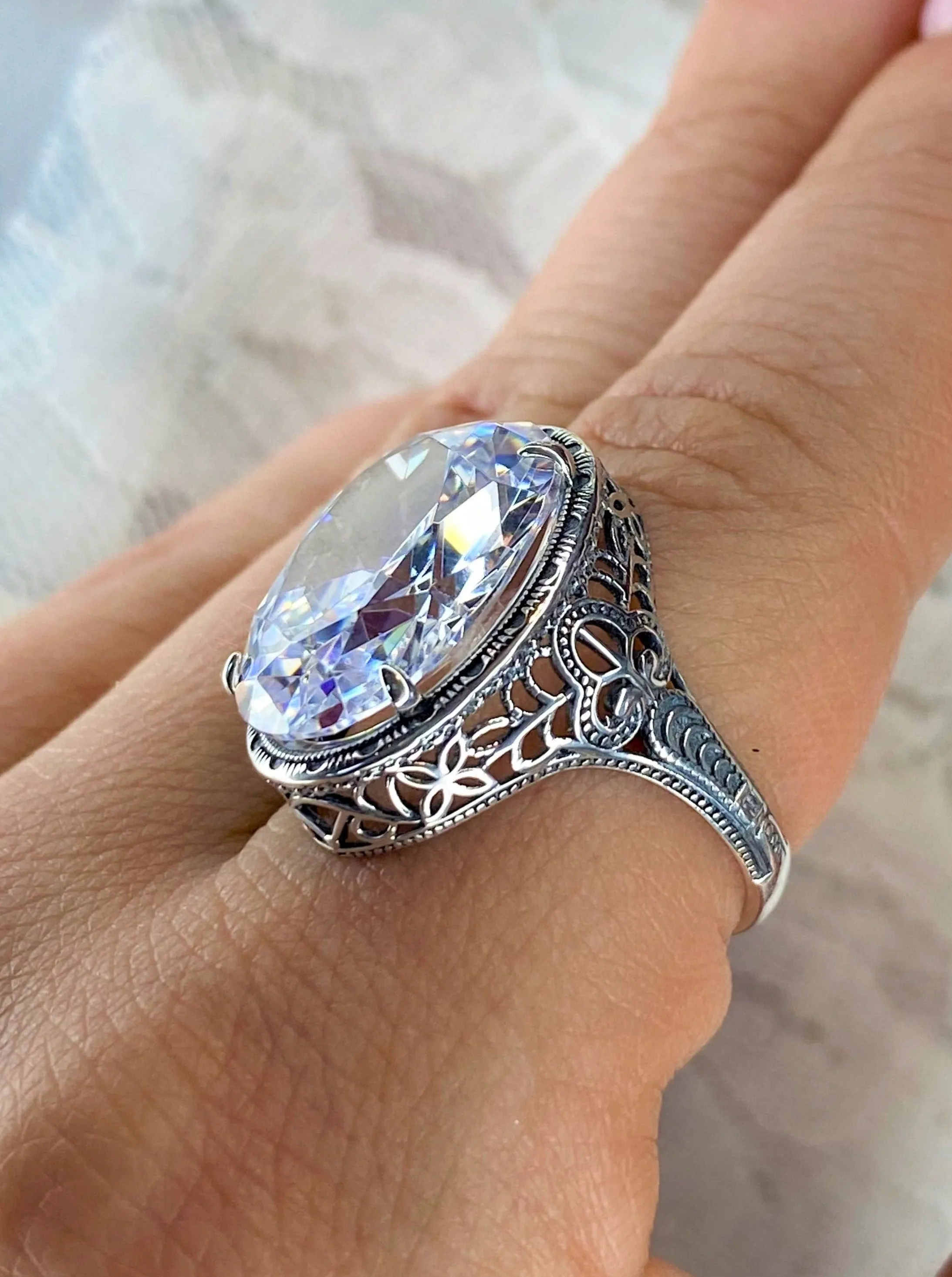 White CZ Persian Ring, Size 8.5, Art Deco Vintage Revival Jewelry #D230 - Ready to Ship