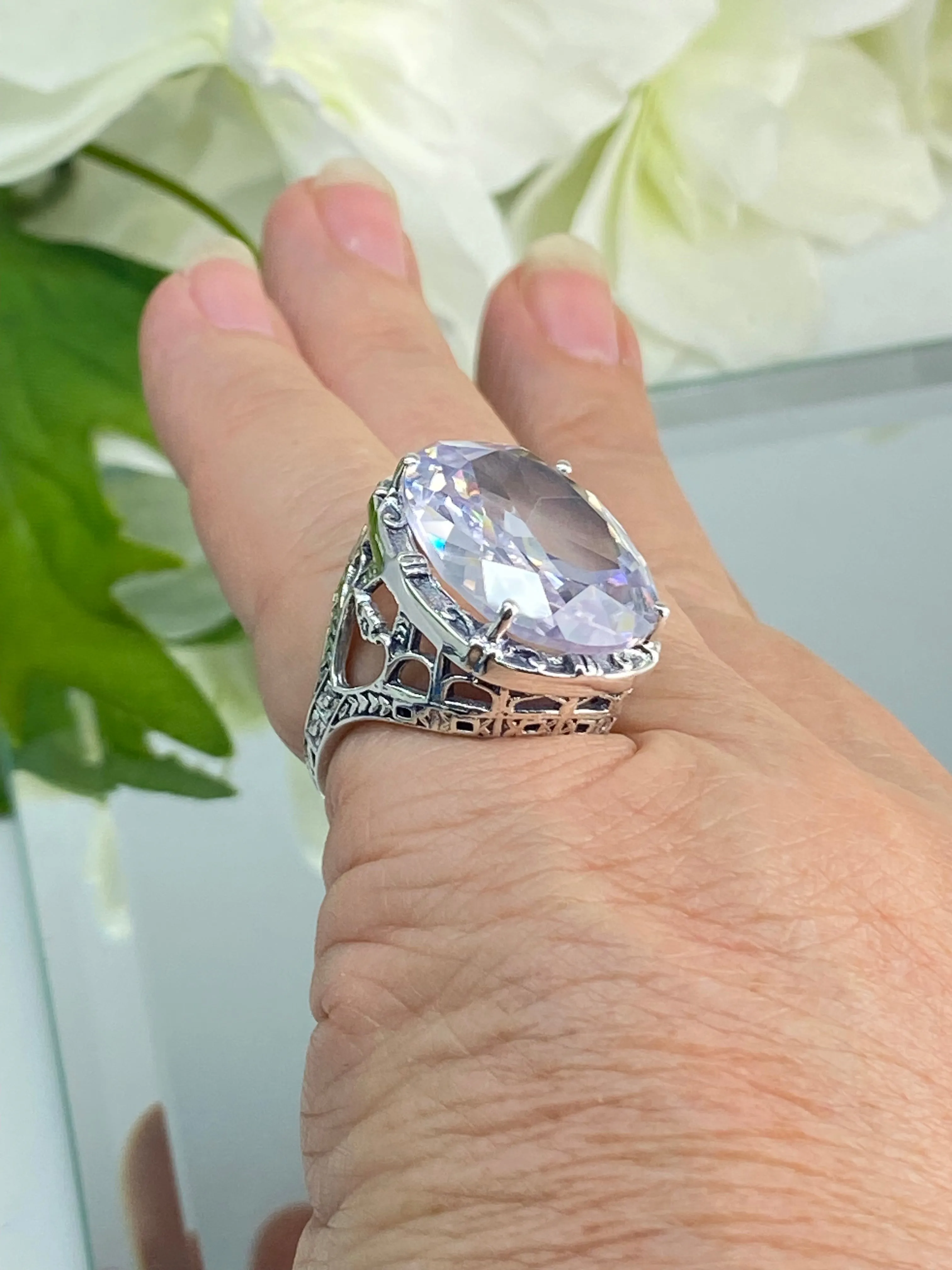 White CZ Ring, 24ct Oval Cut Gem, Victorian Jewelry, D76