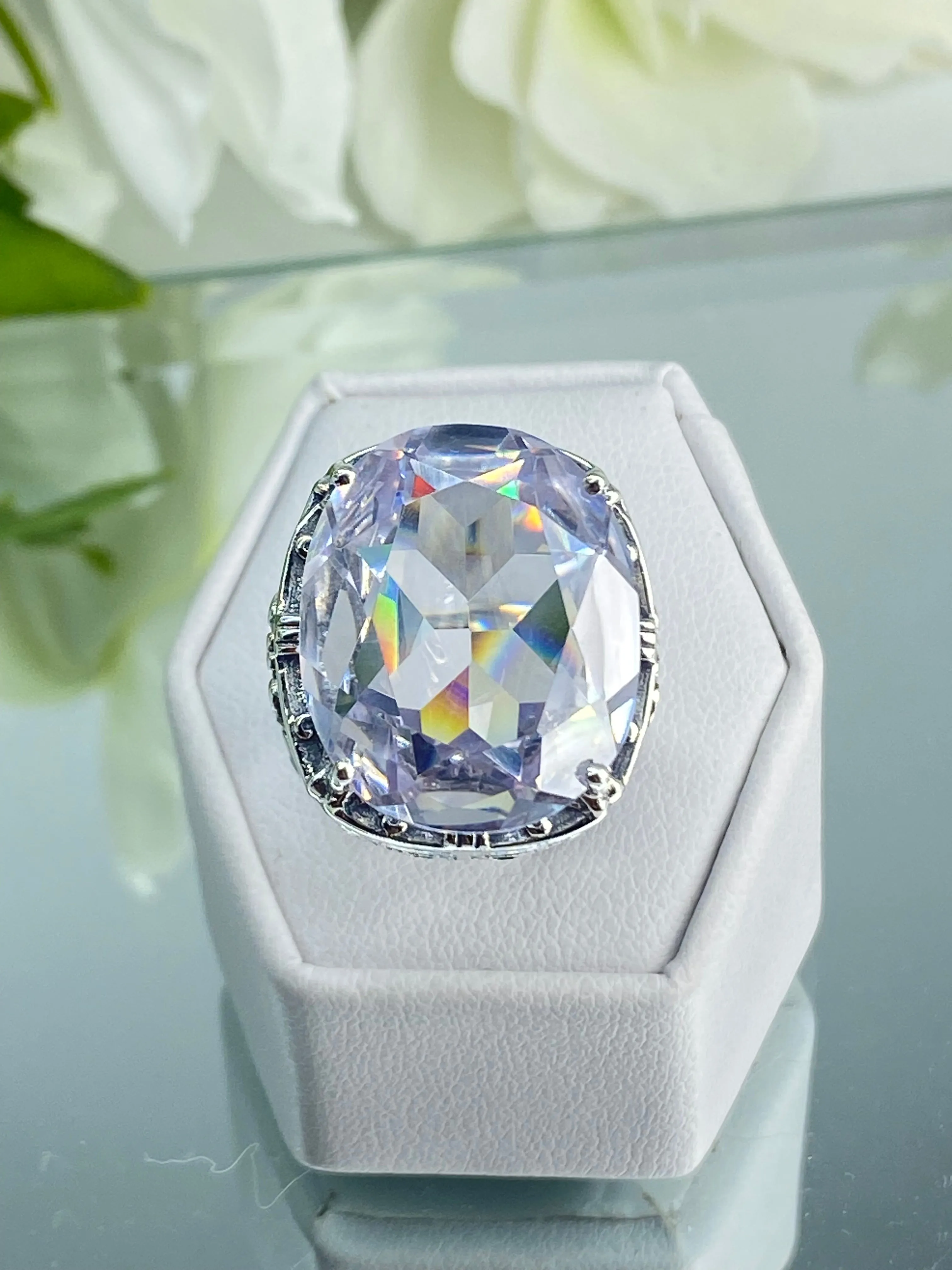 White CZ Ring, 24ct Oval Cut Gem, Victorian Jewelry, D76