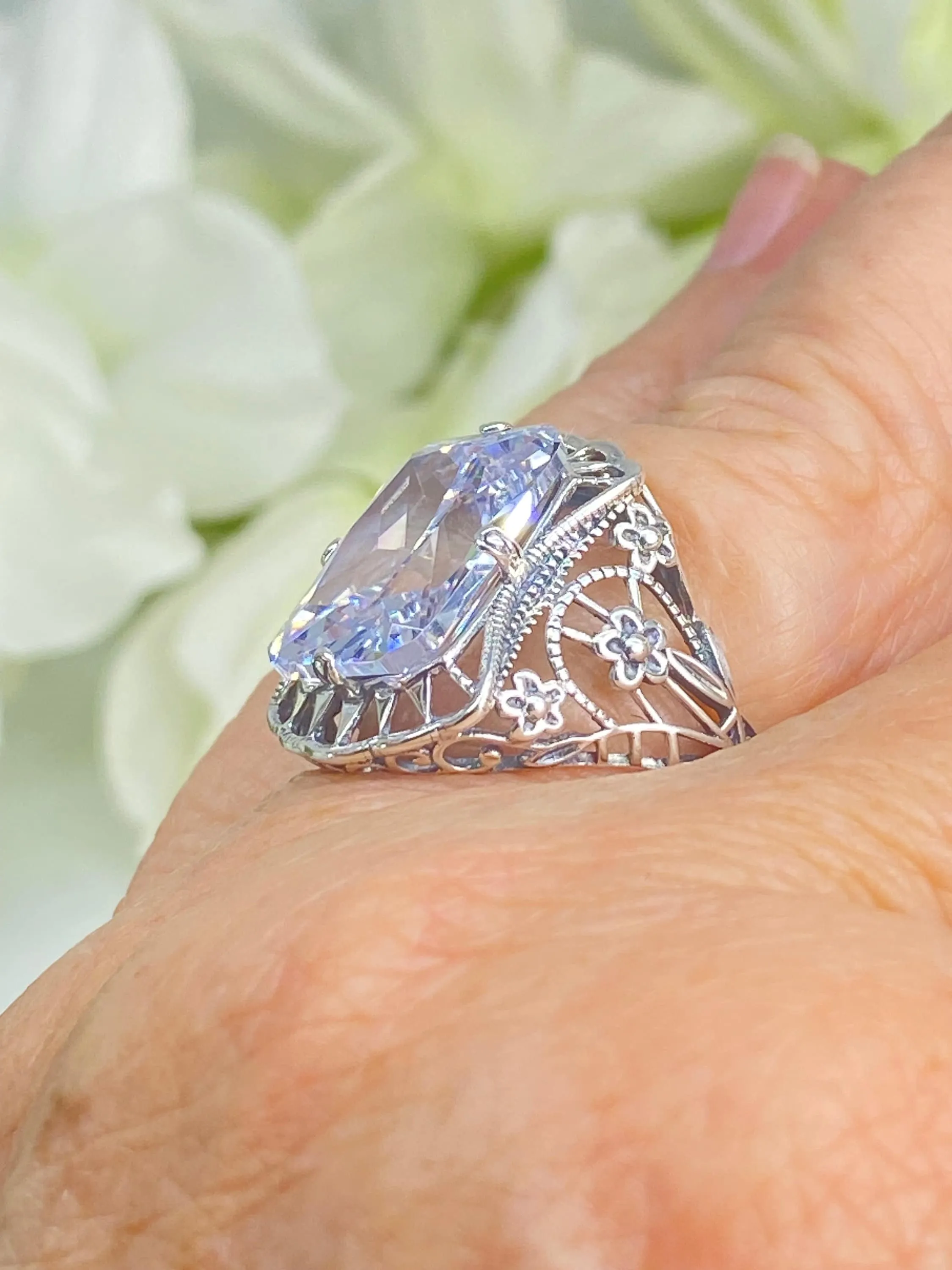 White CZ Ring, 9ct Cushion Cut White CZ, Victorian Floral Filigree, D147