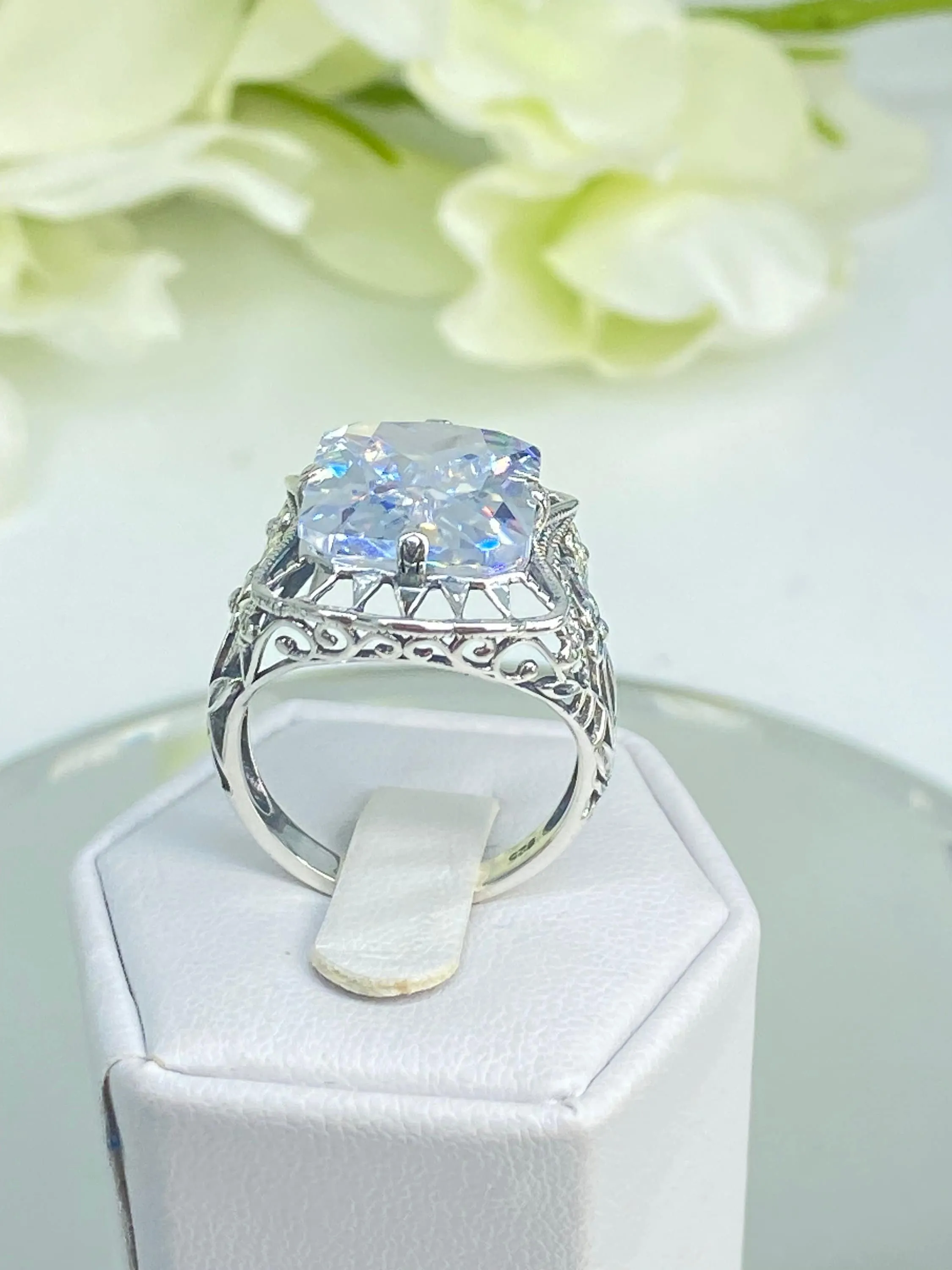 White CZ Ring, 9ct Cushion Cut White CZ, Victorian Floral Filigree, D147