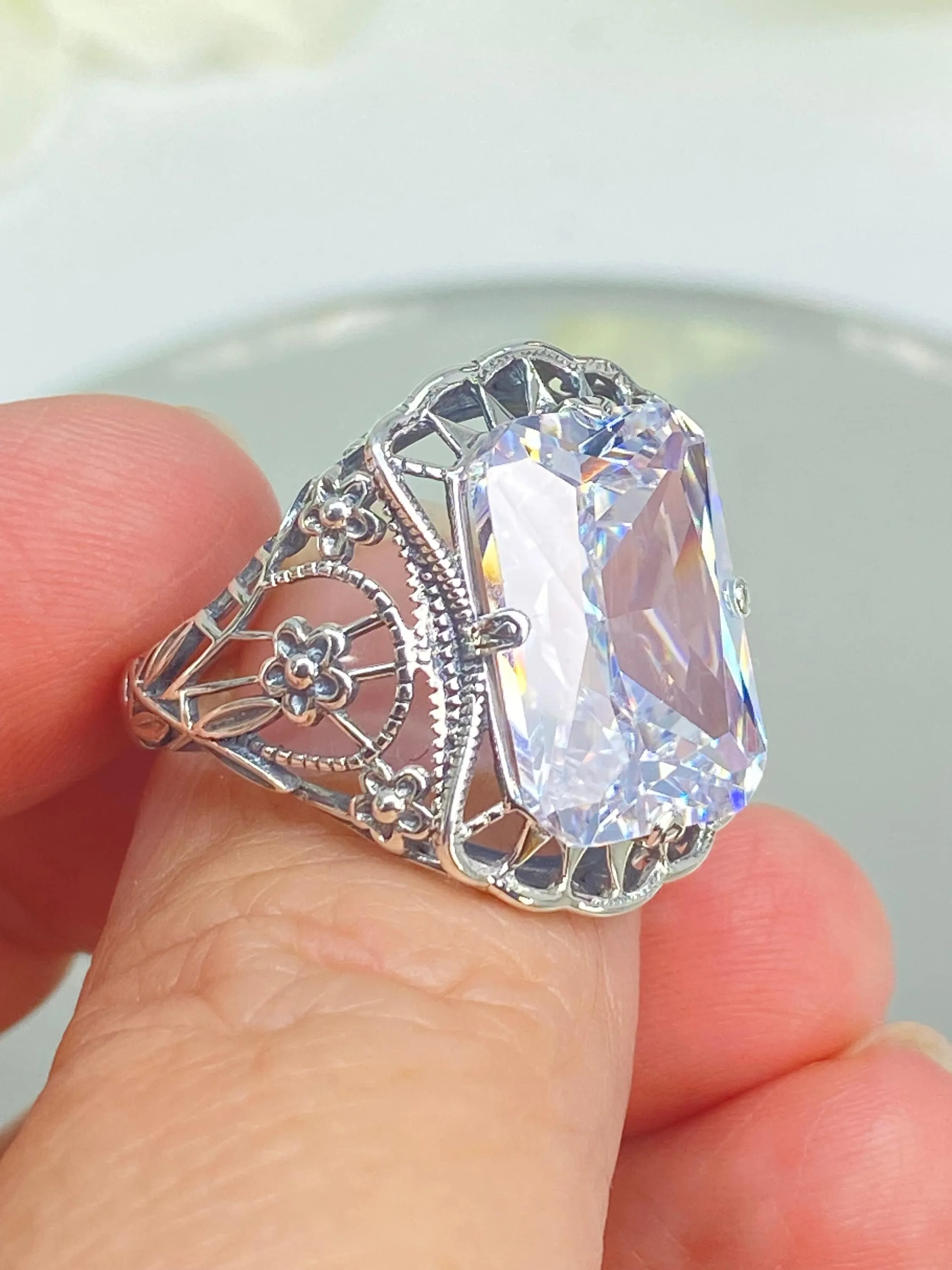 White CZ Ring, 9ct Cushion Cut White CZ, Victorian Floral Filigree, D147