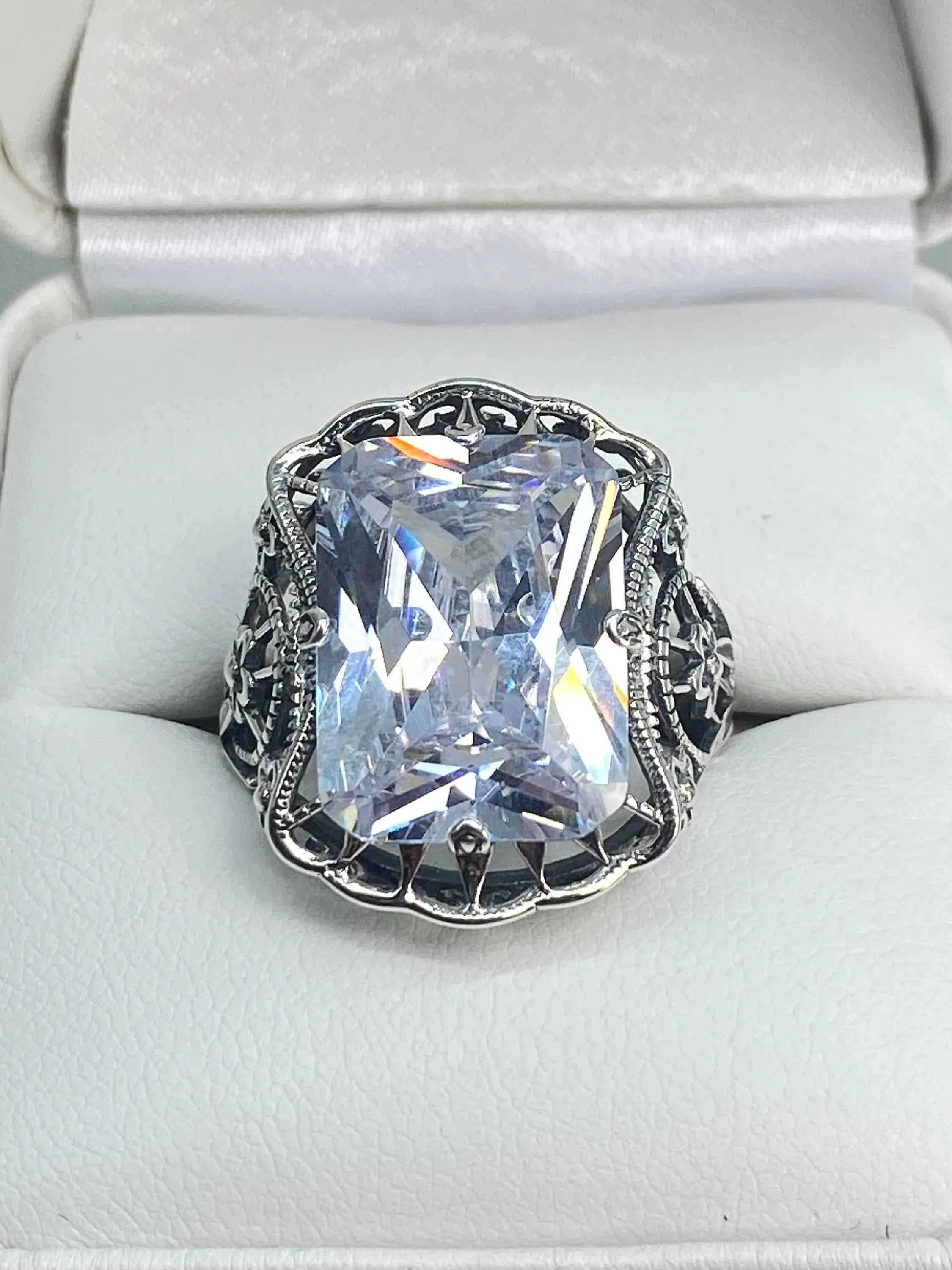White CZ Ring, 9ct Cushion Cut White CZ, Victorian Floral Filigree, D147