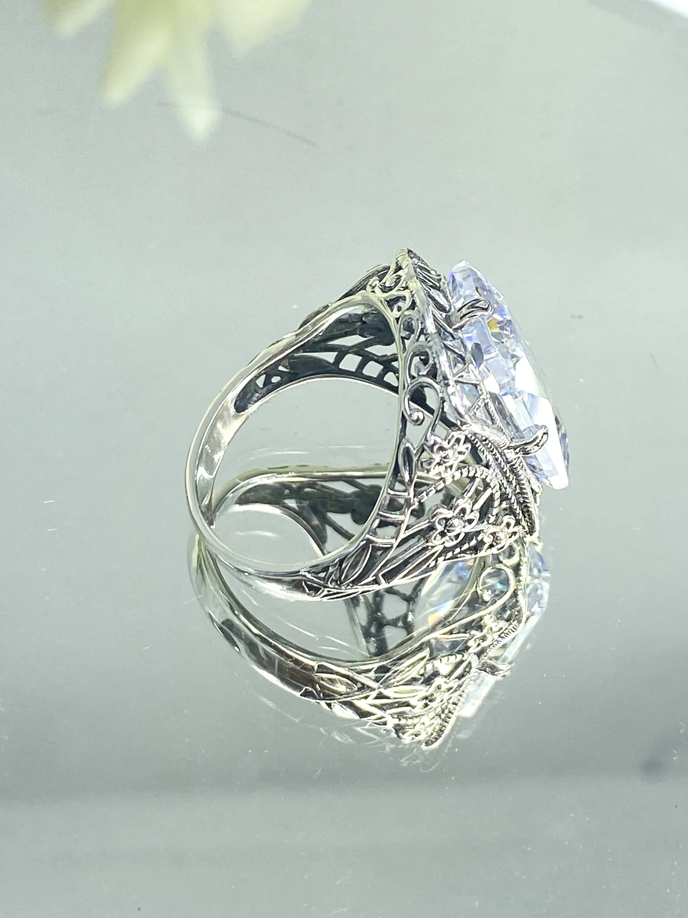 White CZ Ring, 9ct Cushion Cut White CZ, Victorian Floral Filigree, D147