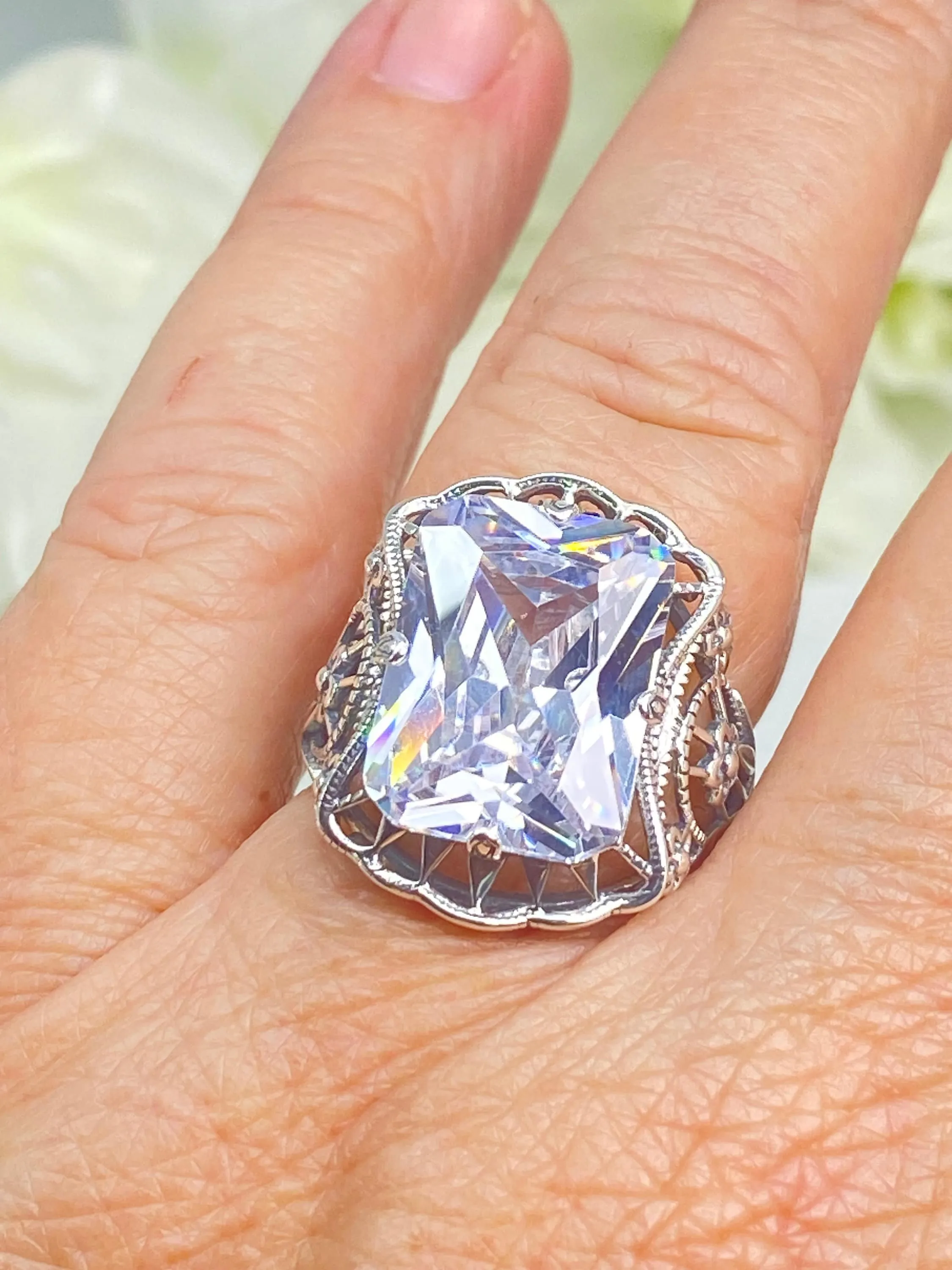 White CZ Ring, 9ct Cushion Cut White CZ, Victorian Floral Filigree, D147
