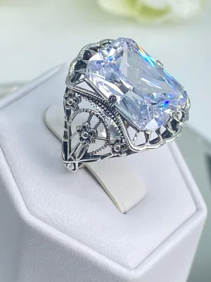 White CZ Ring, 9ct Cushion Cut White CZ, Victorian Floral Filigree, D147