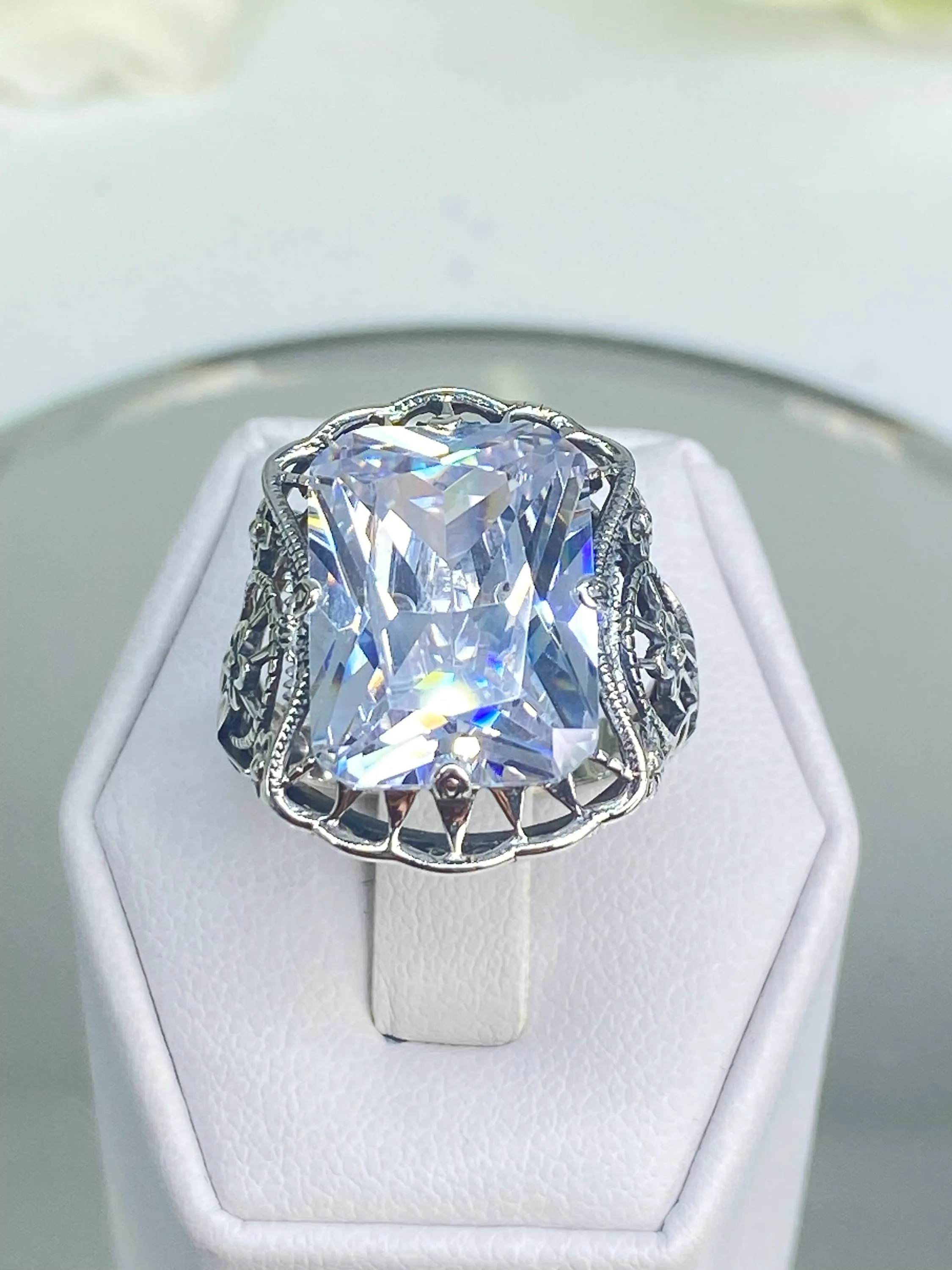 White CZ Ring, 9ct Cushion Cut White CZ, Victorian Floral Filigree, D147