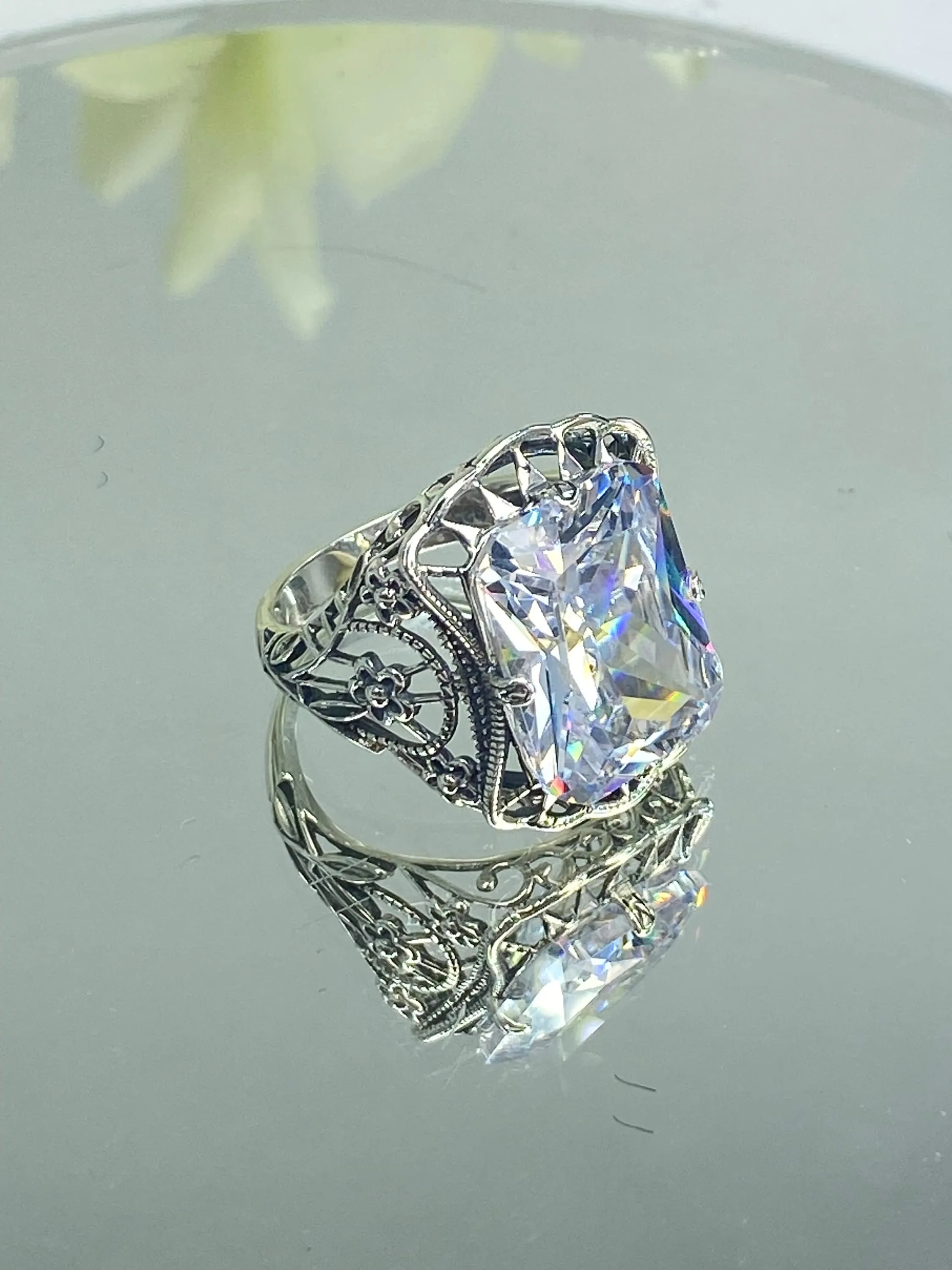 White CZ Ring, 9ct Cushion Cut White CZ, Victorian Floral Filigree, D147