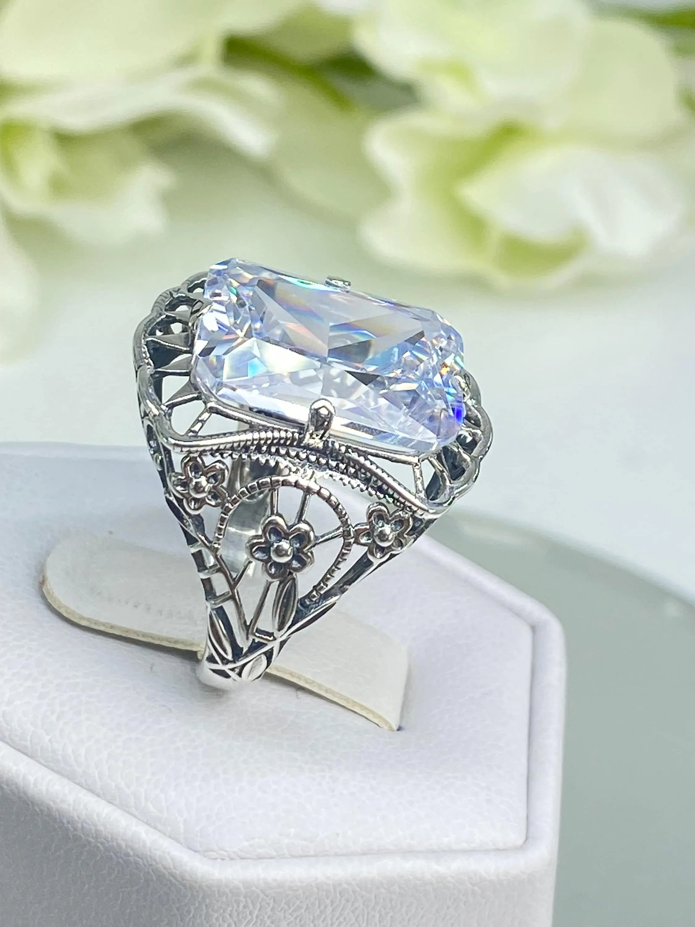White CZ Ring, 9ct Cushion Cut White CZ, Victorian Floral Filigree, D147