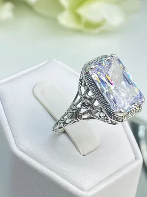 White CZ Ring, Cushion Cut Gemstone, Vintage Style Art Nouveau Jewelry, Design#D64