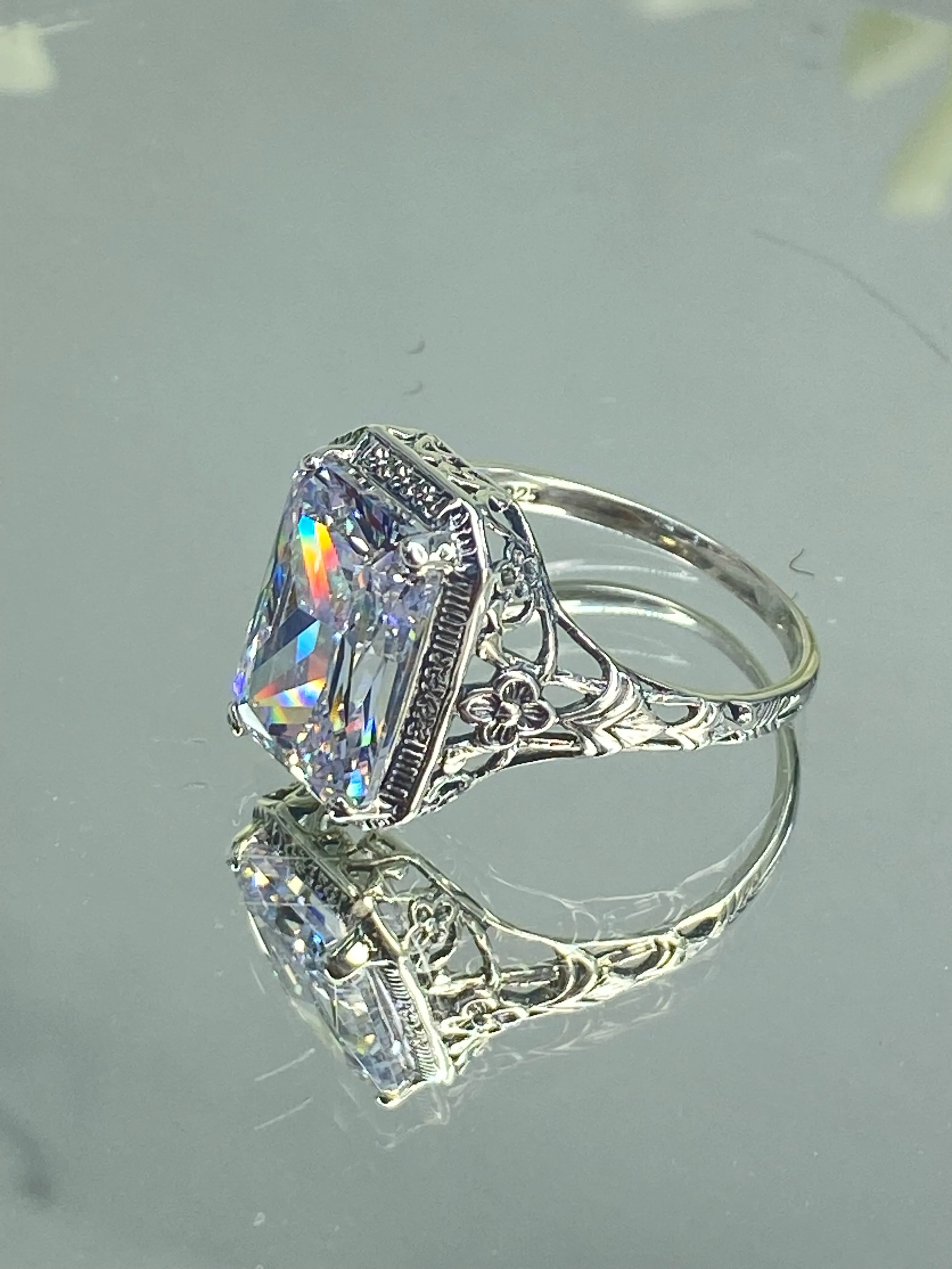 White CZ Ring, Cushion Cut Gemstone, Vintage Style Art Nouveau Jewelry, Design#D64
