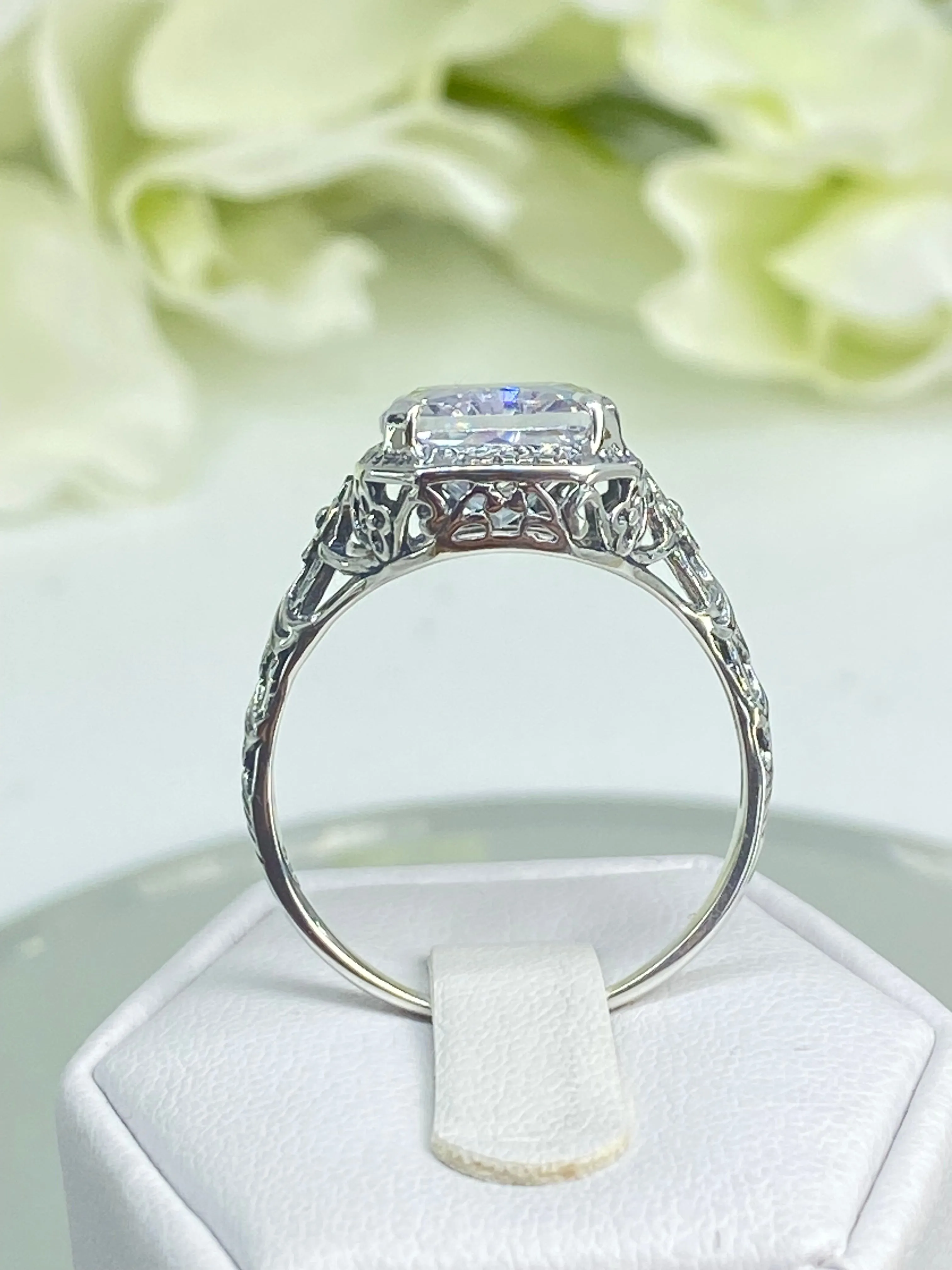 White CZ Ring, Cushion Cut Gemstone, Vintage Style Art Nouveau Jewelry, Design#D64