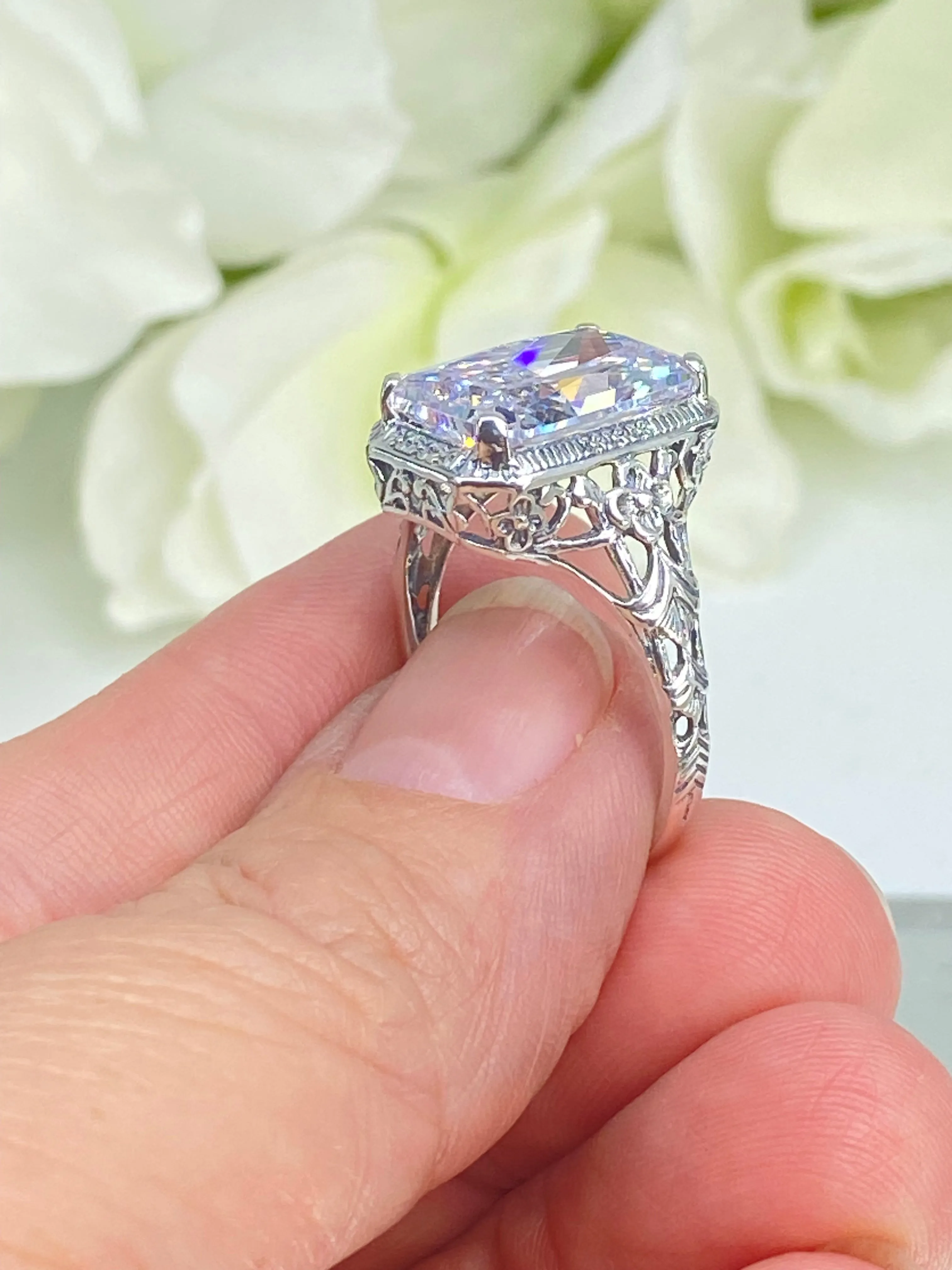 White CZ Ring, Cushion Cut Gemstone, Vintage Style Art Nouveau Jewelry, Design#D64