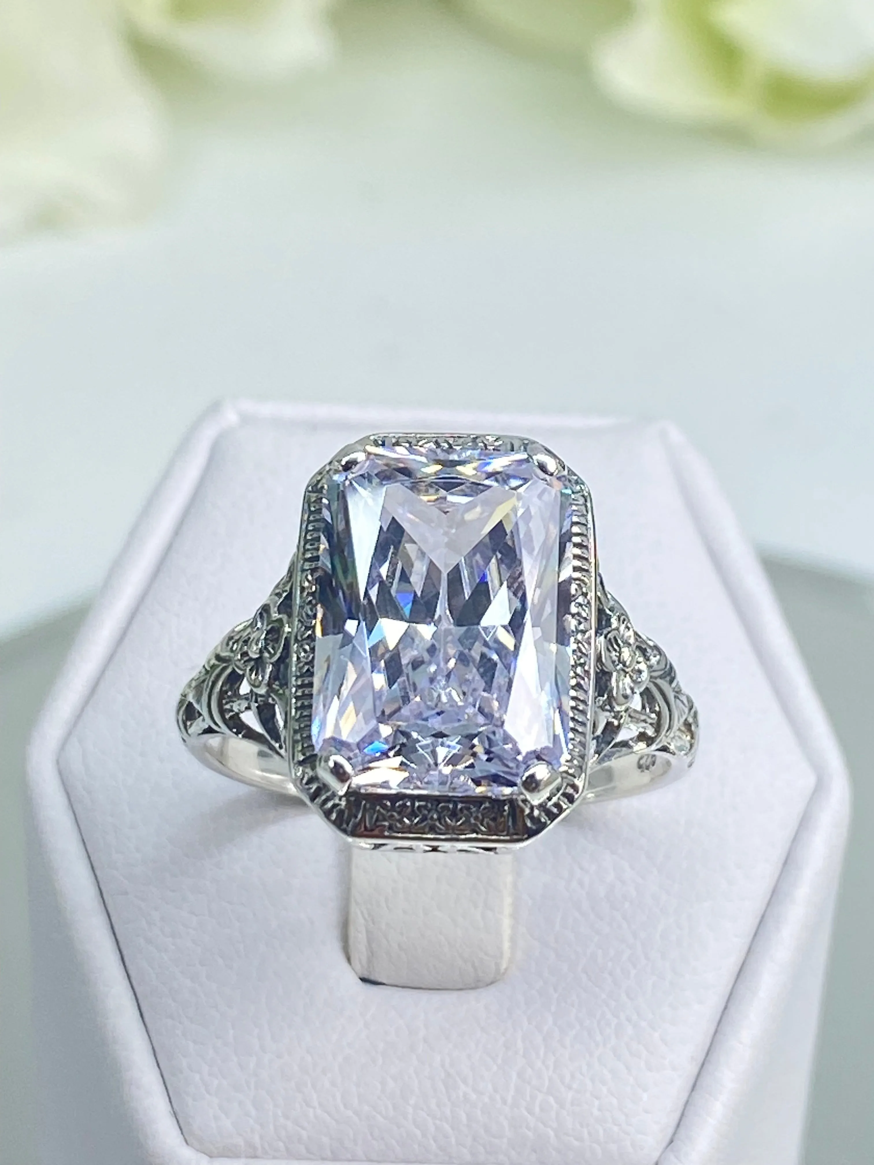 White CZ Ring, Cushion Cut Gemstone, Vintage Style Art Nouveau Jewelry, Design#D64
