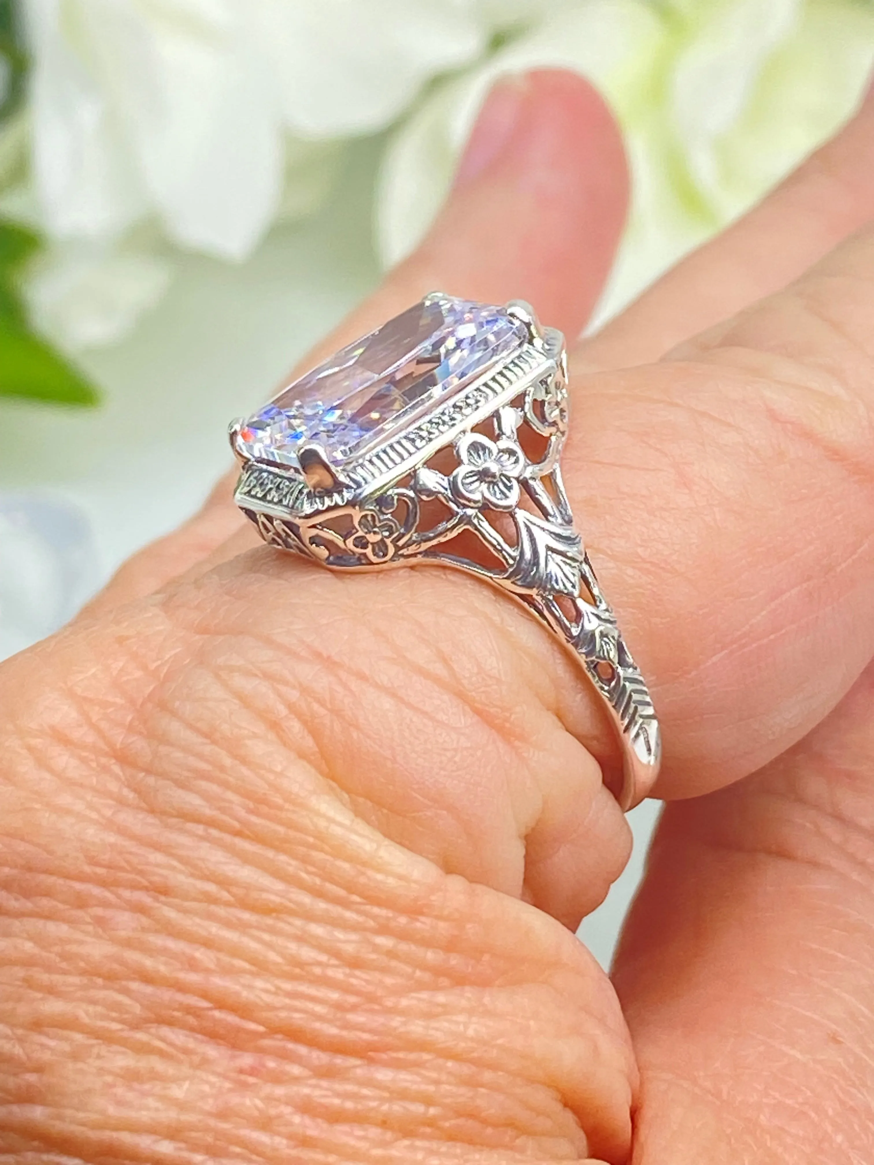 White CZ Ring, Cushion Cut Gemstone, Vintage Style Art Nouveau Jewelry, Design#D64