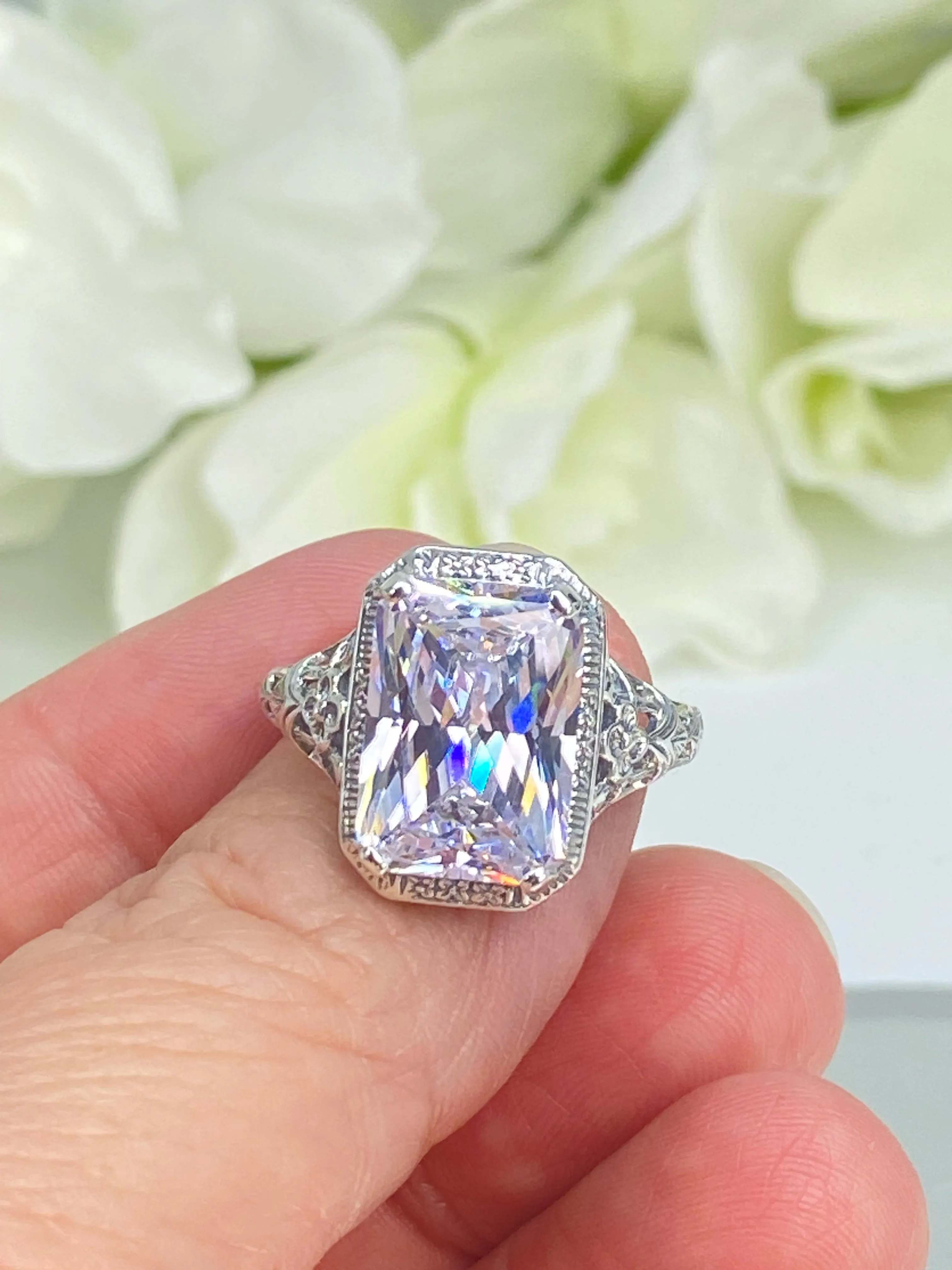 White CZ Ring, Cushion Cut Gemstone, Vintage Style Art Nouveau Jewelry, Design#D64