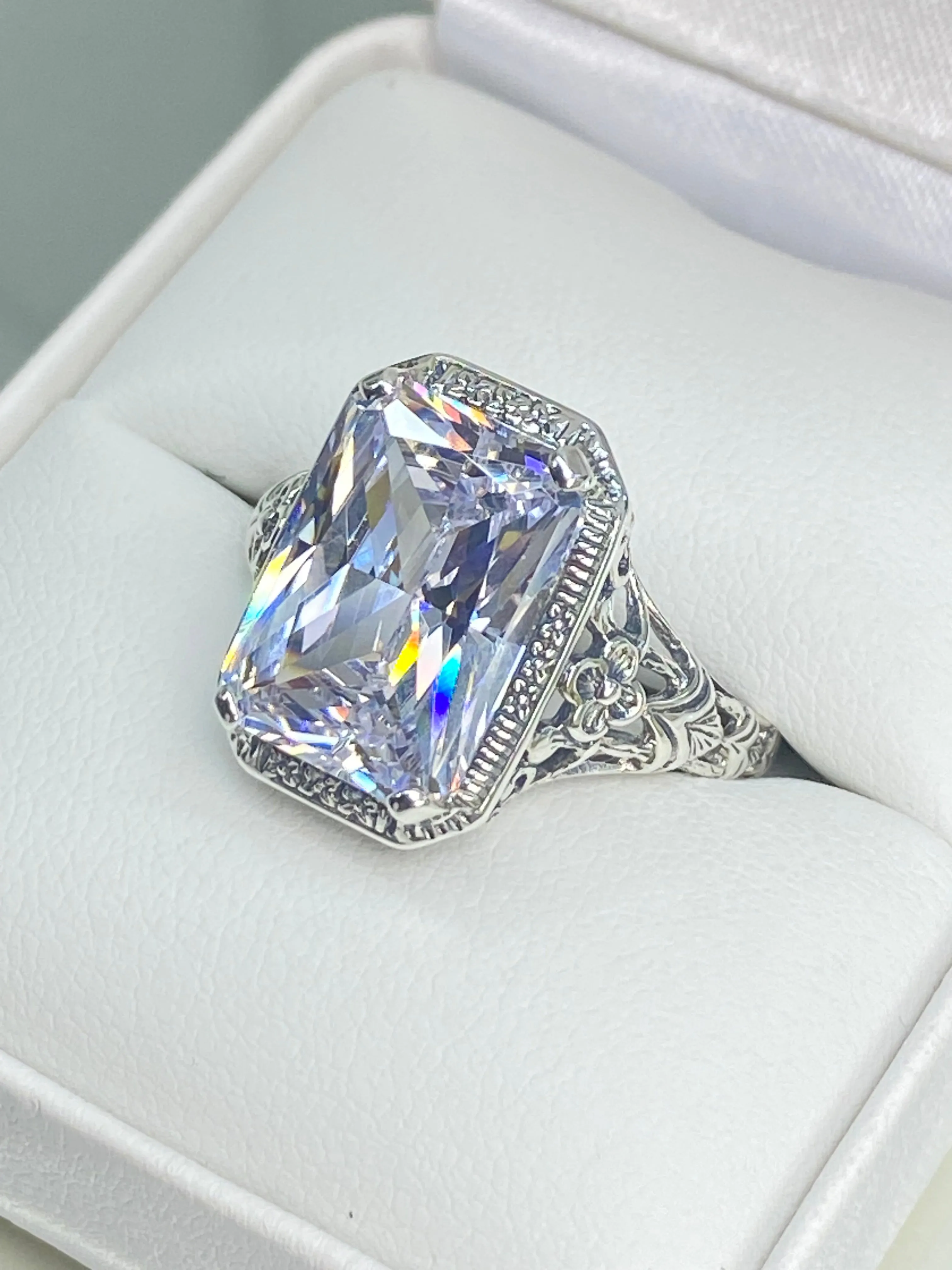 White CZ Ring, Cushion Cut Gemstone, Vintage Style Art Nouveau Jewelry, Design#D64
