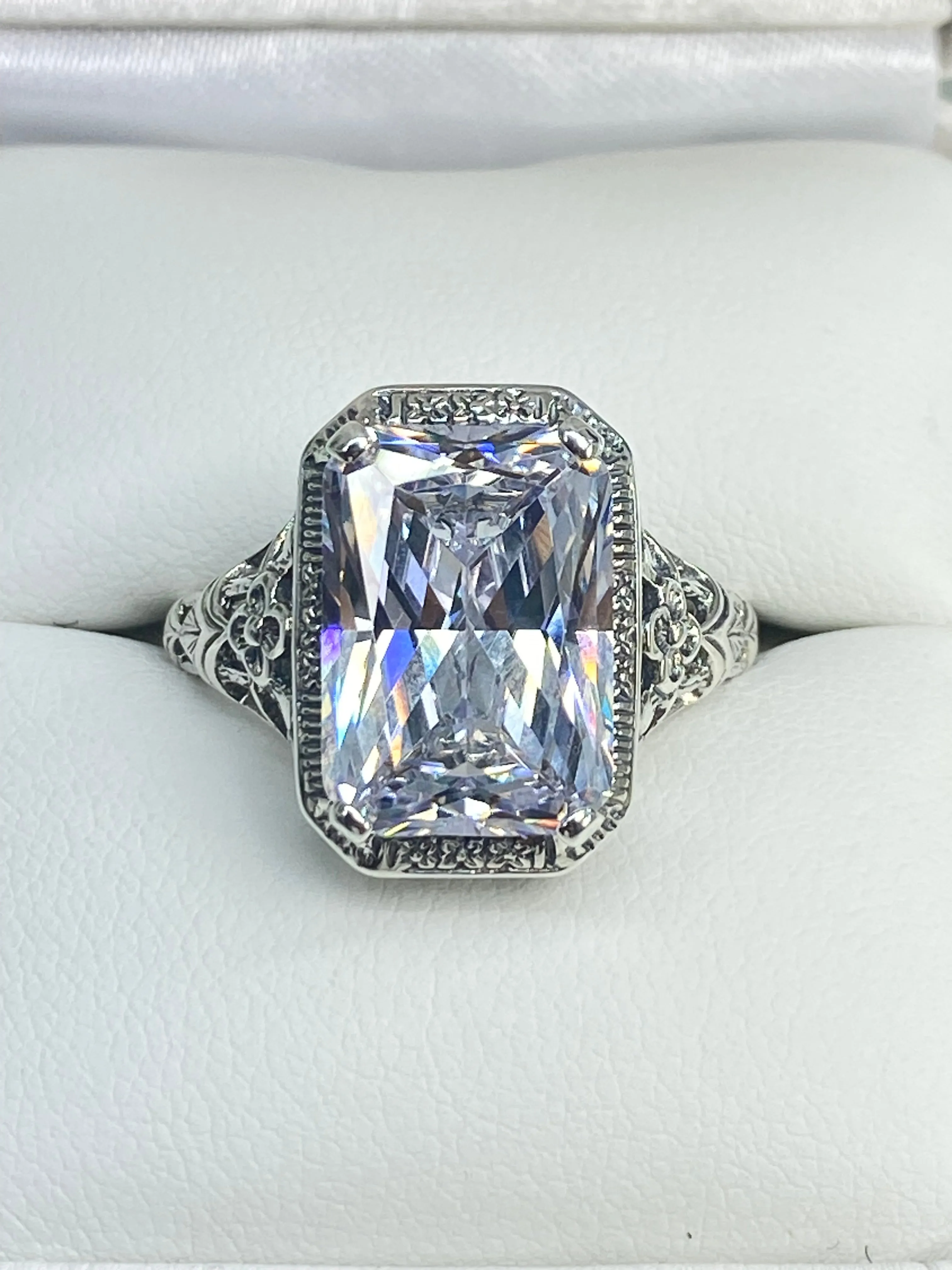 White CZ Ring, Cushion Cut Gemstone, Vintage Style Art Nouveau Jewelry, Design#D64