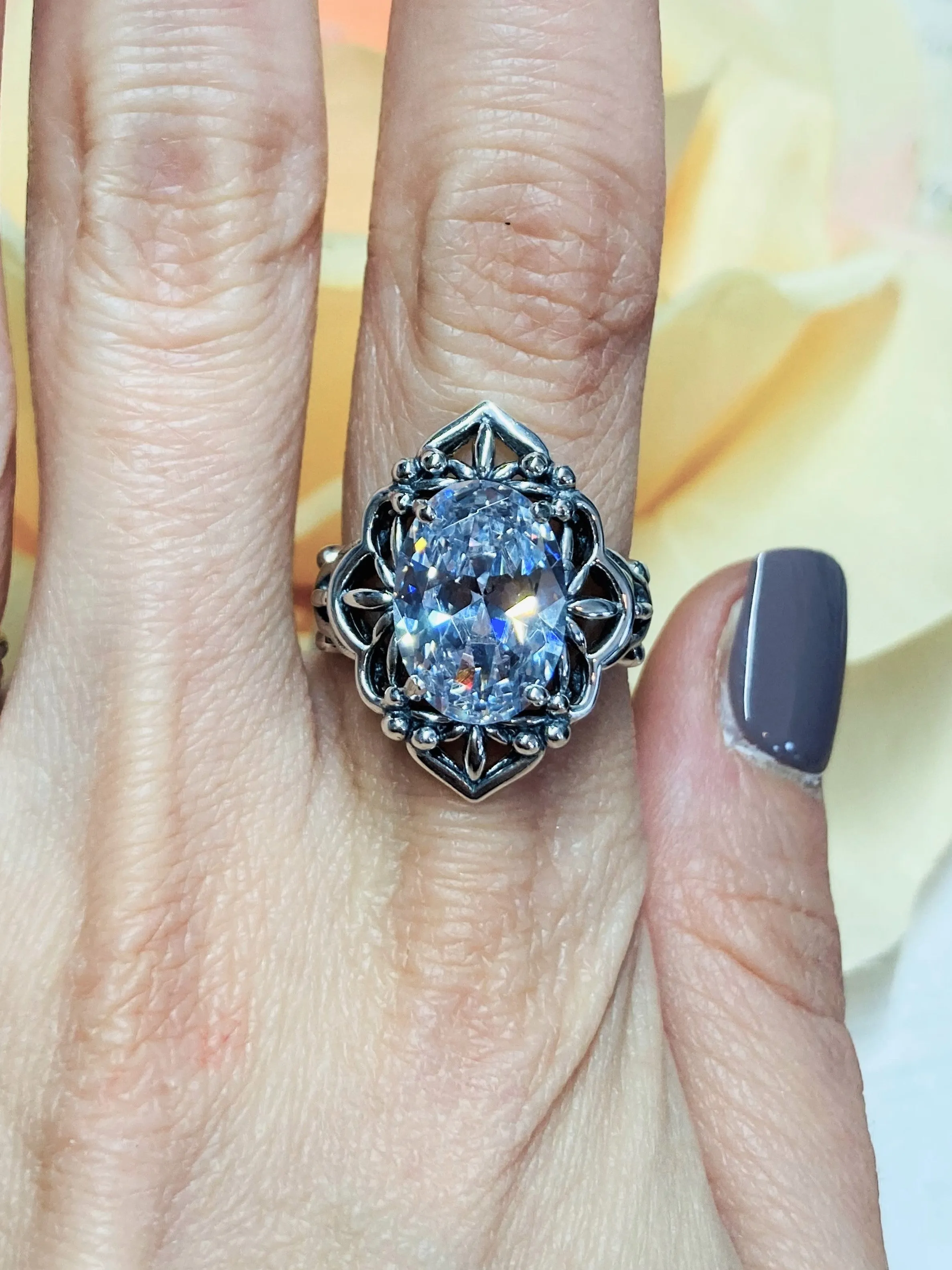 White CZ Ring, Gothic Filigree Ring - Vintage Style Ring D98