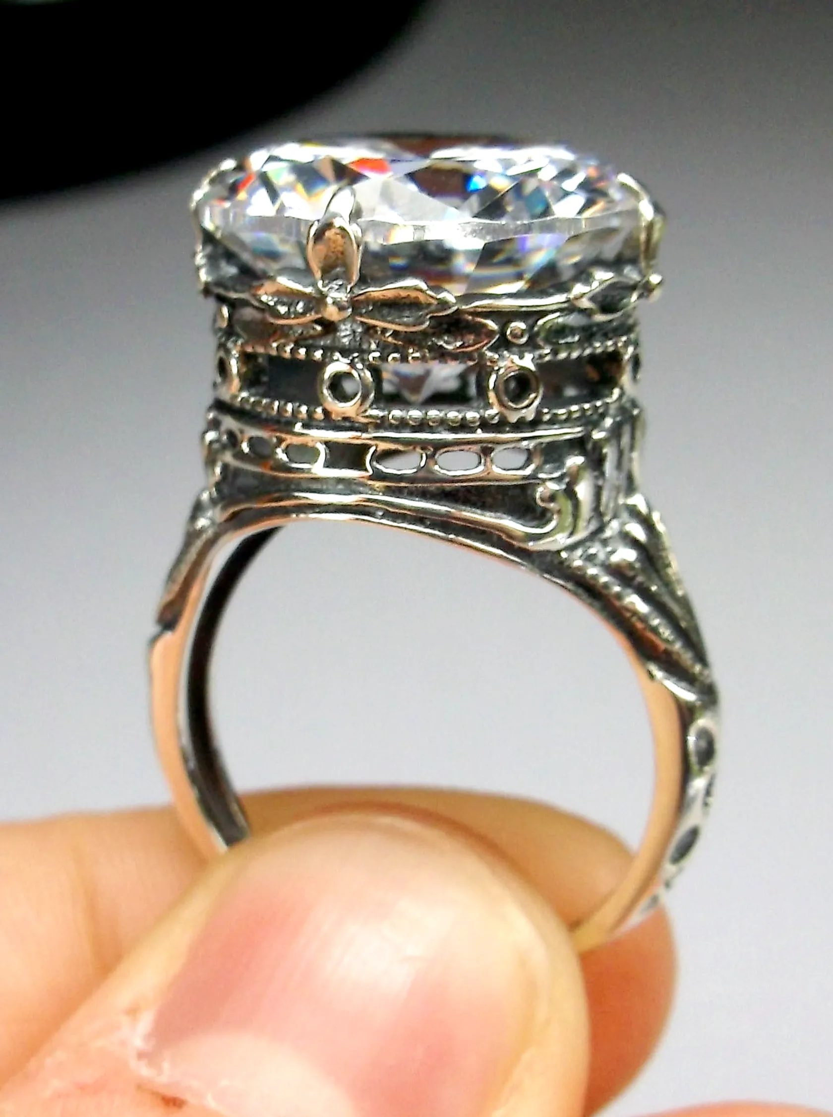 White CZ Ring, Size 6.5, Round Gem, Victorian Filigree Jewelry #D52- Ready to Ship