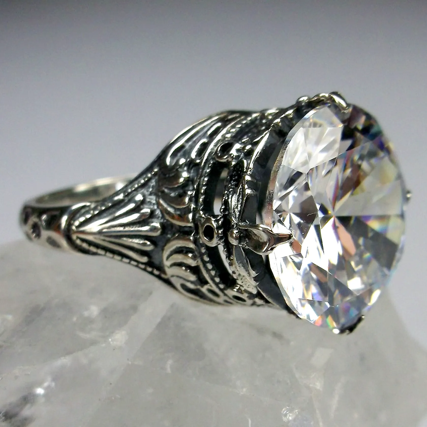 White CZ Ring, Size 6.5, Round Gem, Victorian Filigree Jewelry #D52- Ready to Ship