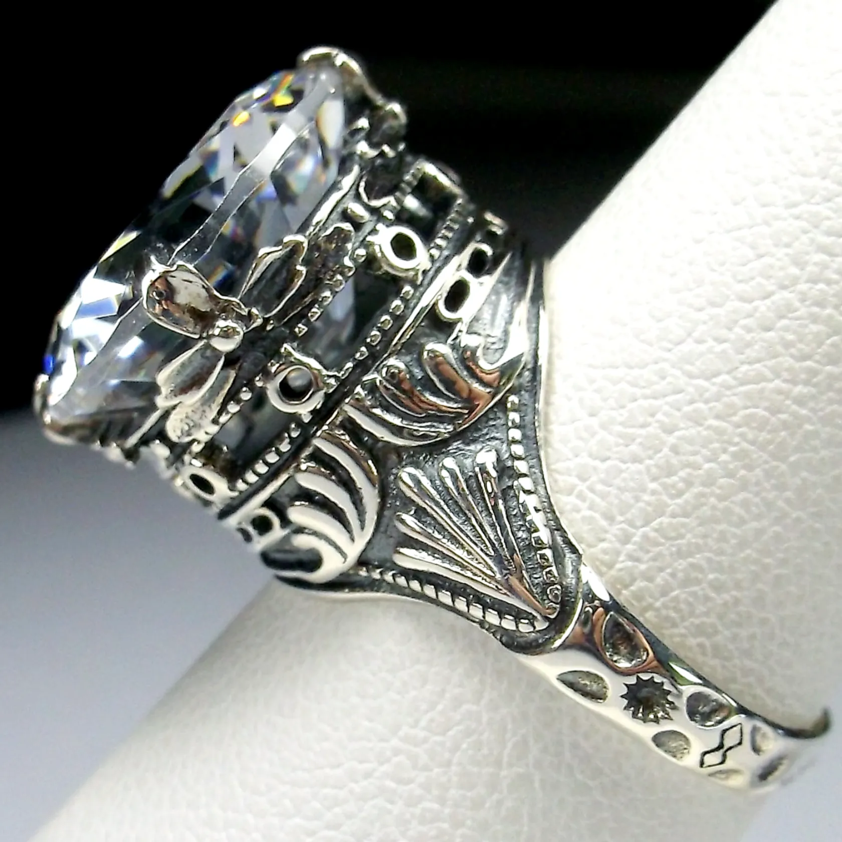 White CZ Ring, Size 6.5, Round Gem, Victorian Filigree Jewelry #D52- Ready to Ship