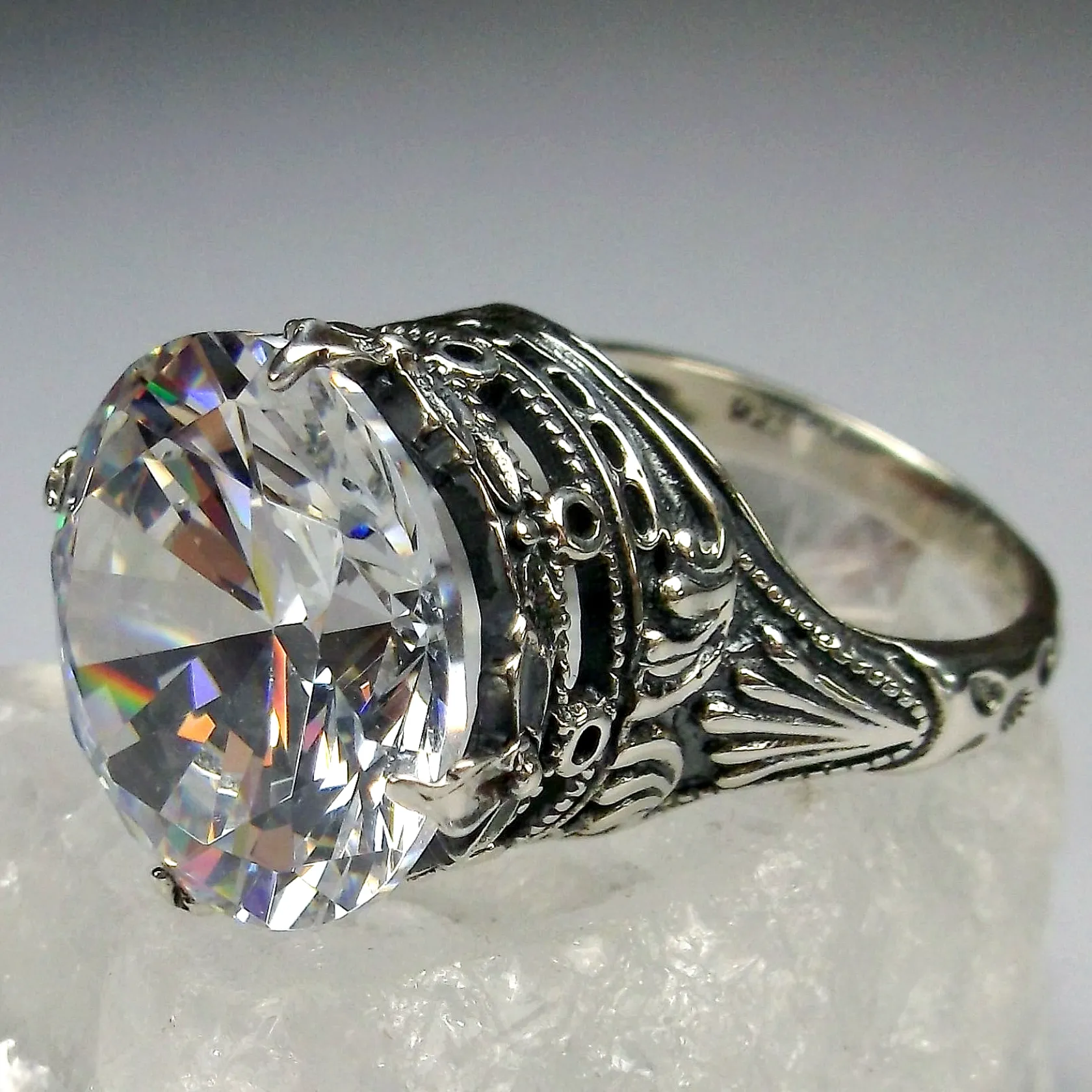 White CZ Ring, Size 6.5, Round Gem, Victorian Filigree Jewelry #D52- Ready to Ship