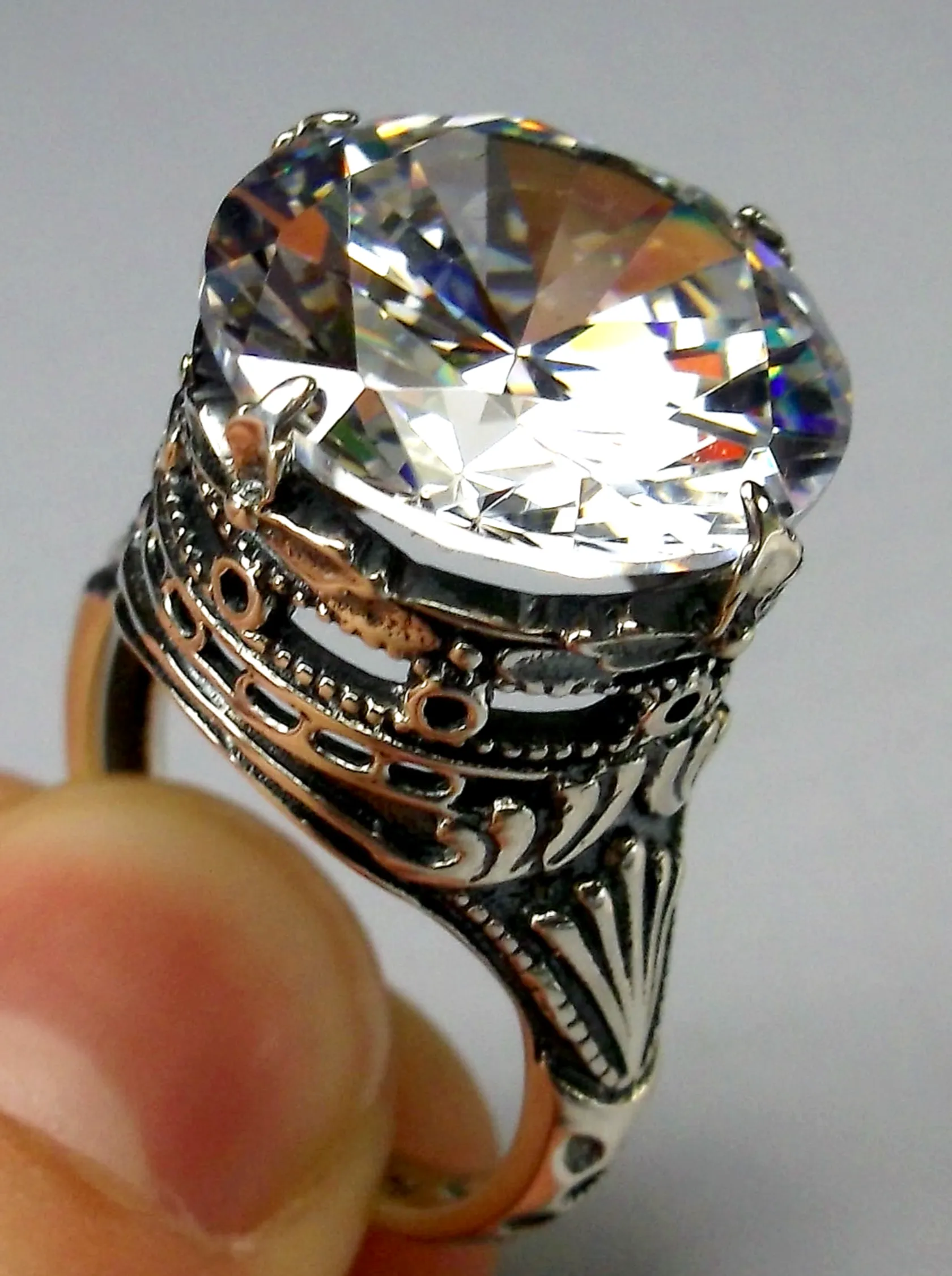 White CZ Ring, Size 6.5, Round Gem, Victorian Filigree Jewelry #D52- Ready to Ship