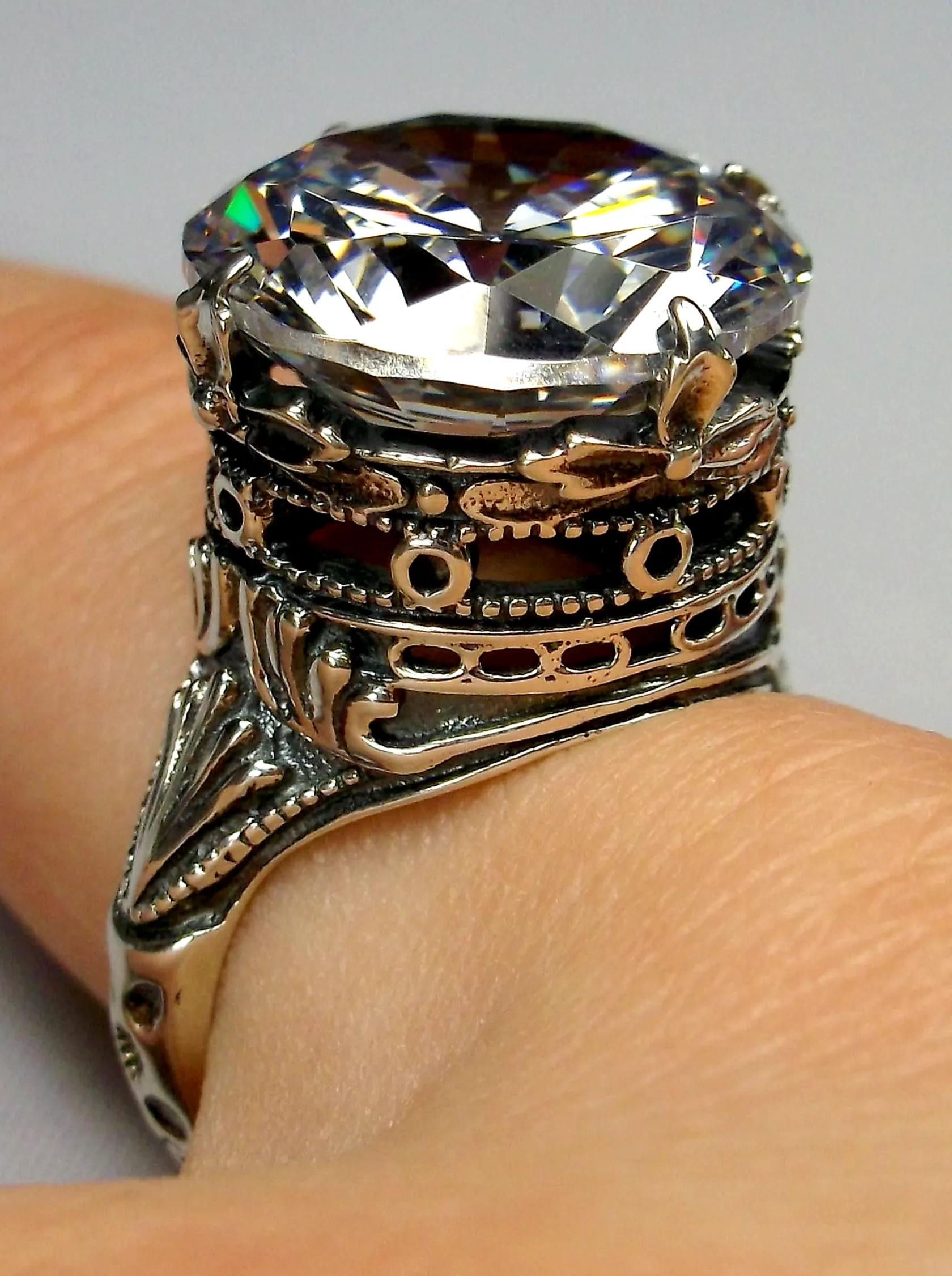 White CZ Ring, Size 6.5, Round Gem, Victorian Filigree Jewelry #D52- Ready to Ship