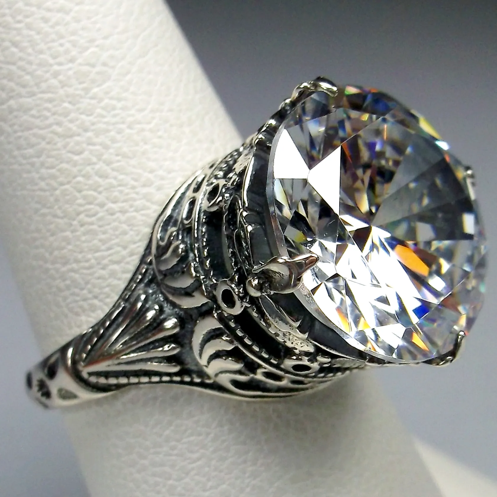 White CZ Ring, Size 6.5, Round Gem, Victorian Filigree Jewelry #D52- Ready to Ship