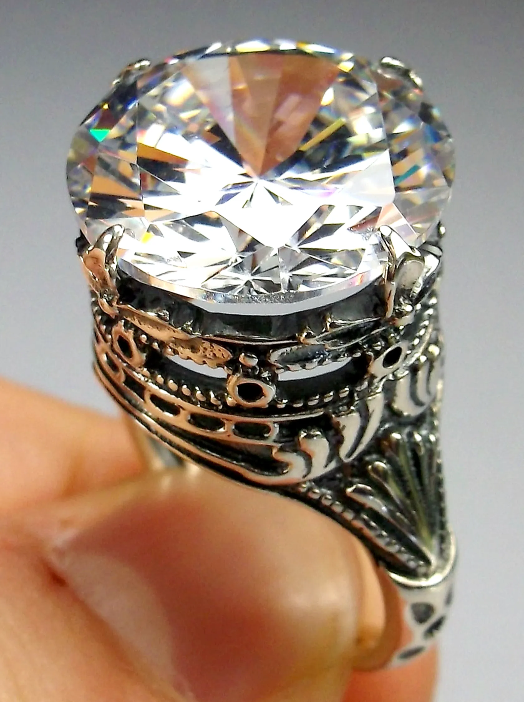 White CZ Ring, Size 6.5, Round Gem, Victorian Filigree Jewelry #D52- Ready to Ship