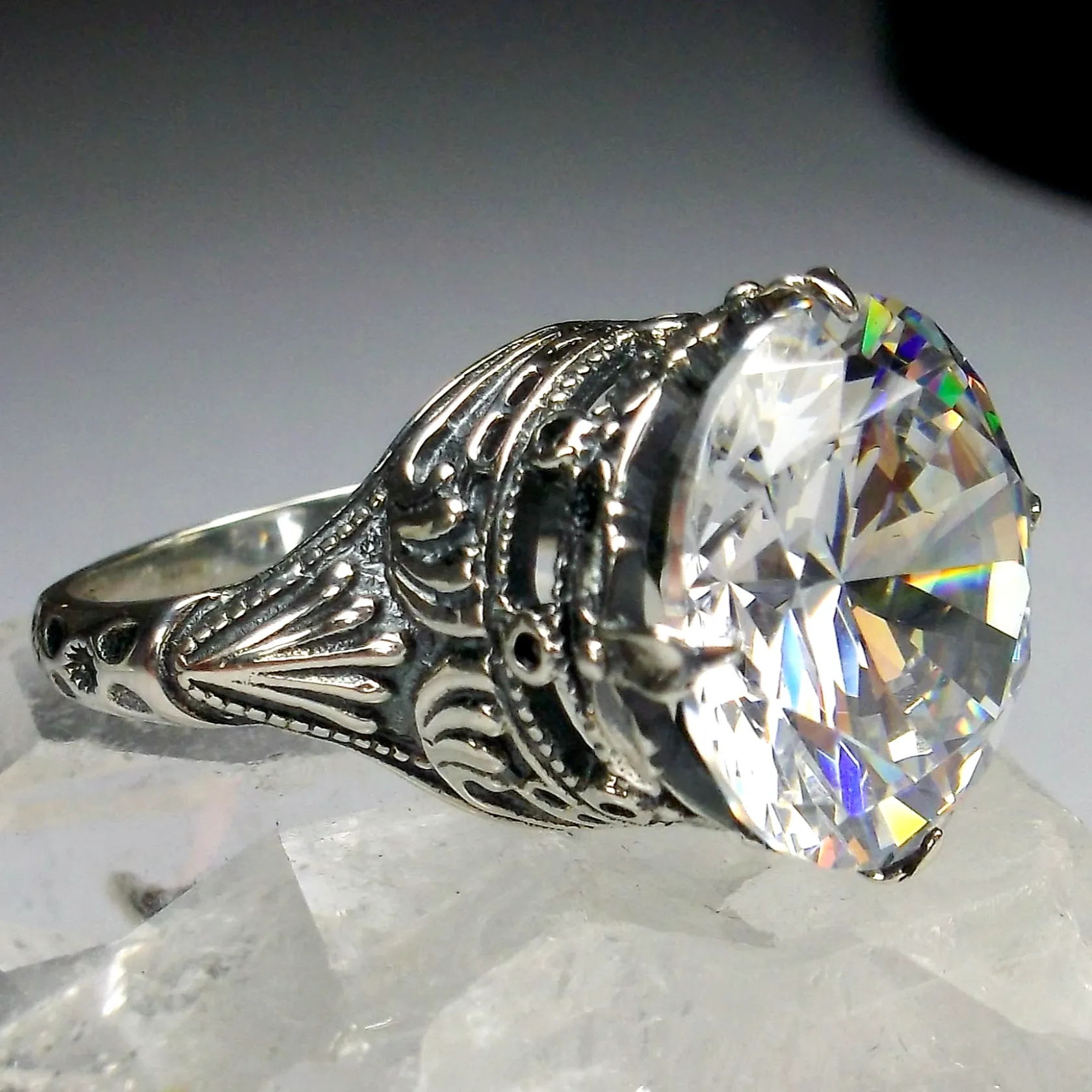 White CZ Ring, Size 6.5, Round Gem, Victorian Filigree Jewelry #D52- Ready to Ship