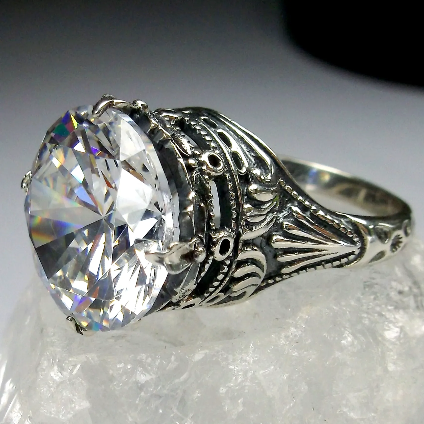 White CZ Ring, Size 6.5, Round Gem, Victorian Filigree Jewelry #D52- Ready to Ship