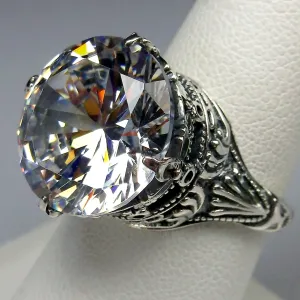 White CZ Ring, Size 6.5, Round Gem, Victorian Filigree Jewelry #D52- Ready to Ship
