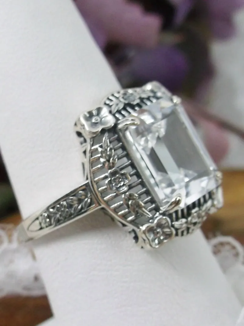White Topaz Picture Frame Ring, Natural Or Simulated Gemstone, Victorian Floral Filigree Jewelry #D227