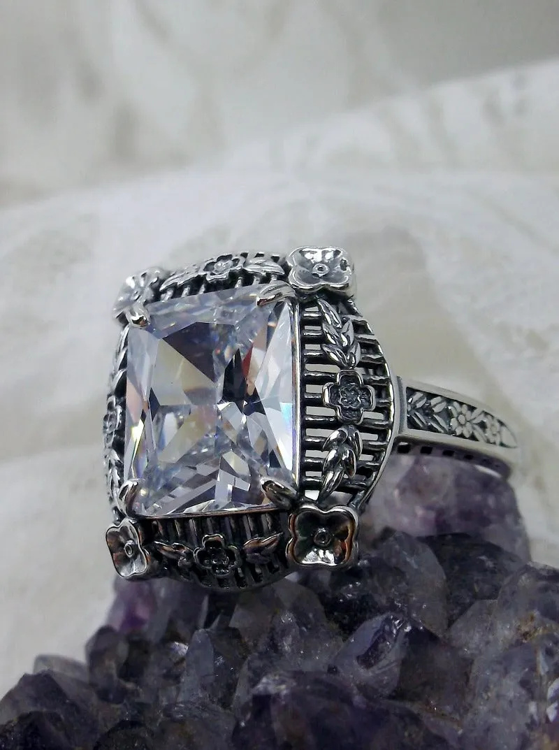 White Topaz Picture Frame Ring, Natural Or Simulated Gemstone, Victorian Floral Filigree Jewelry #D227