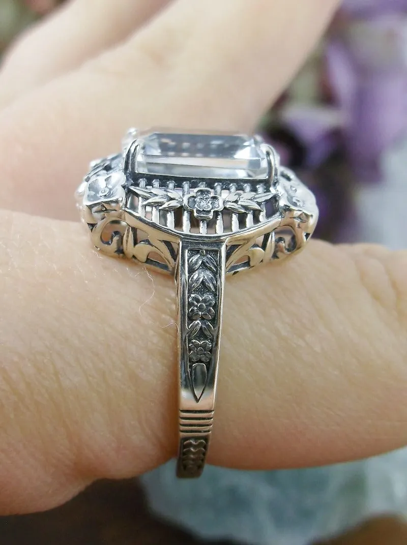 White Topaz Picture Frame Ring, Natural Or Simulated Gemstone, Victorian Floral Filigree Jewelry #D227